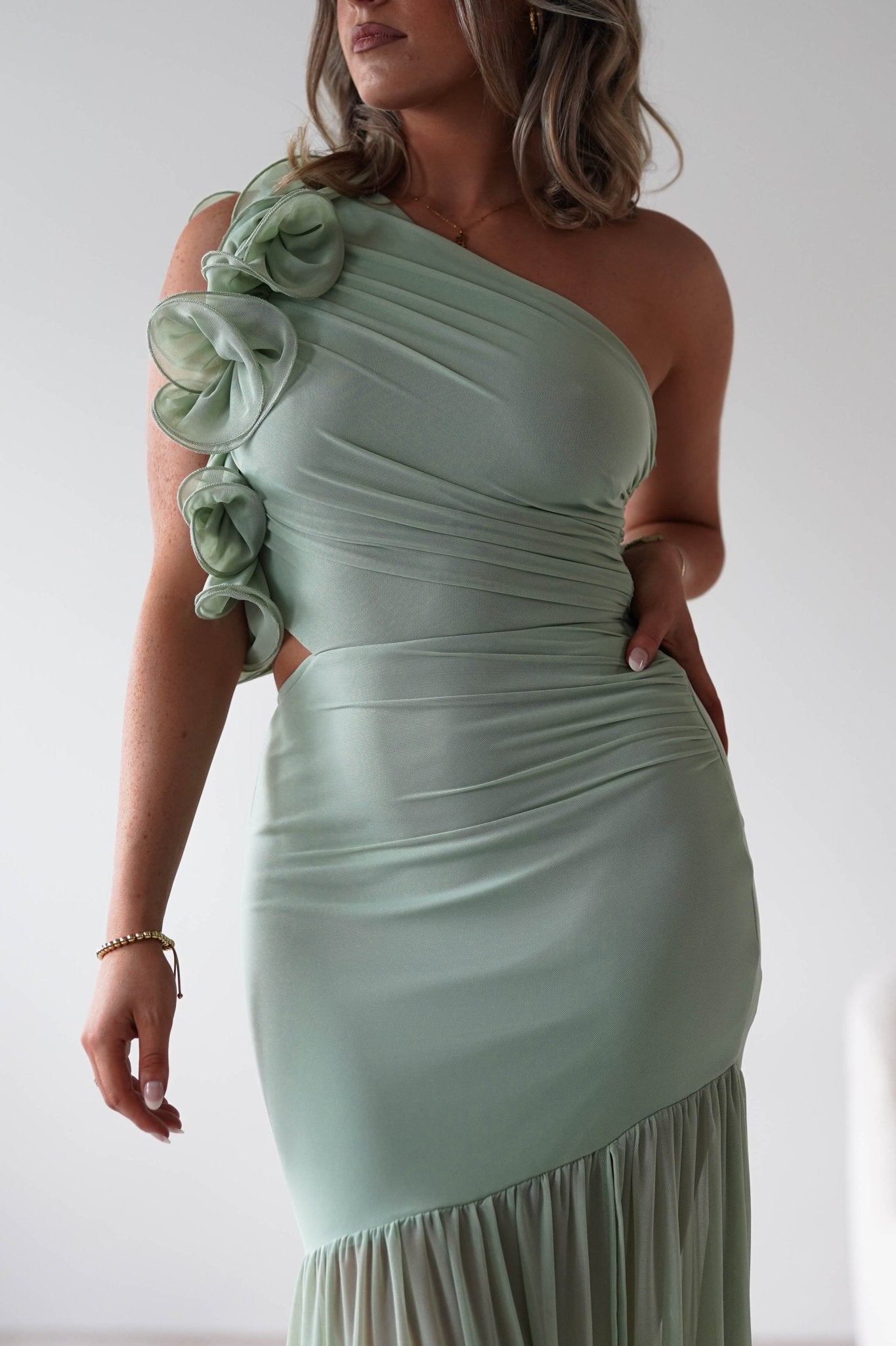 Stephanie Mesh Ruffle Maxi Dress Sage | Wedding Guest Dress | Maxi | Mesh | Oh Hello Clothing