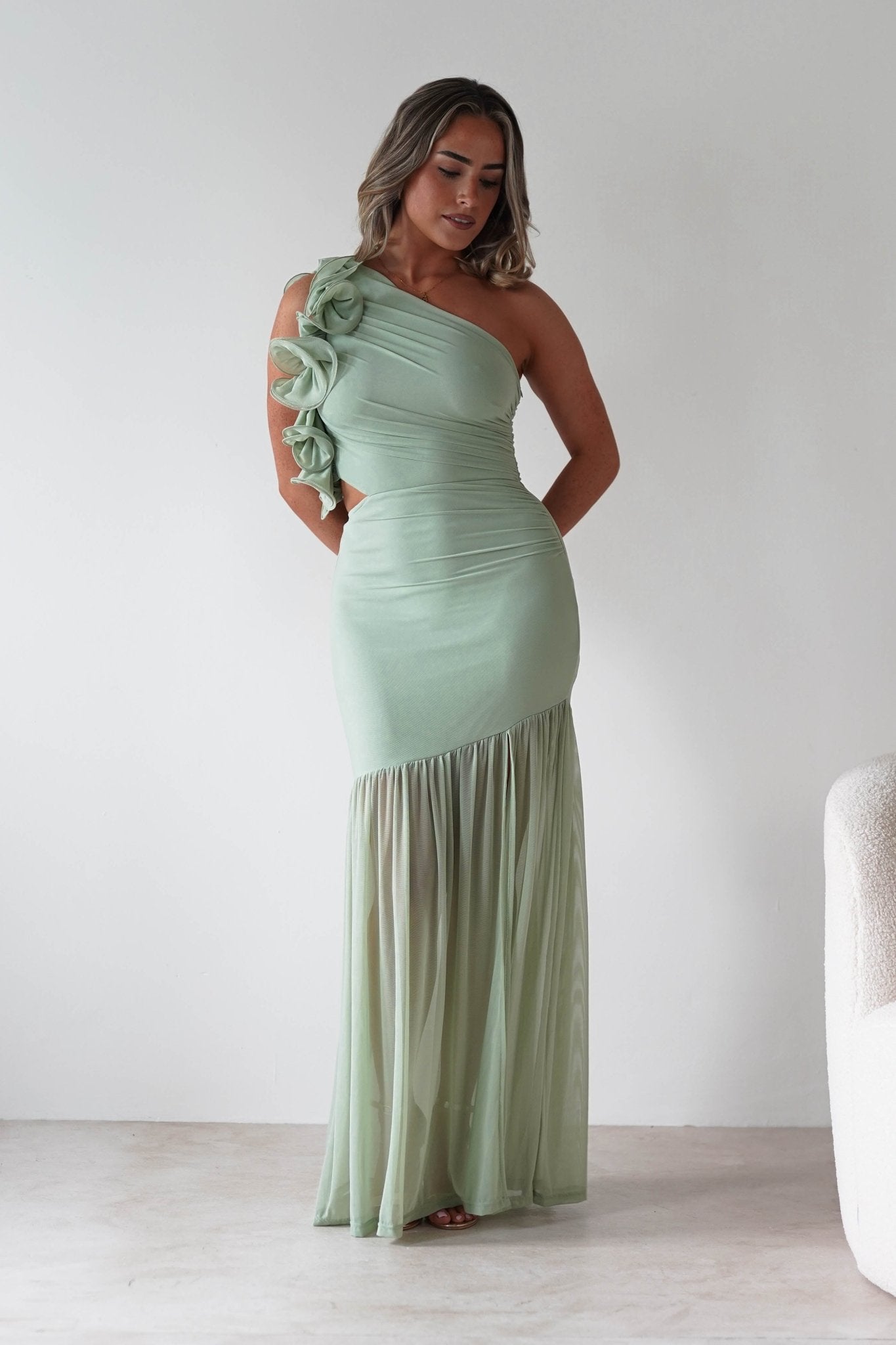 Stephanie Mesh Ruffle Maxi Dress Sage | Wedding Guest Dress | Maxi | Mesh | Oh Hello Clothing