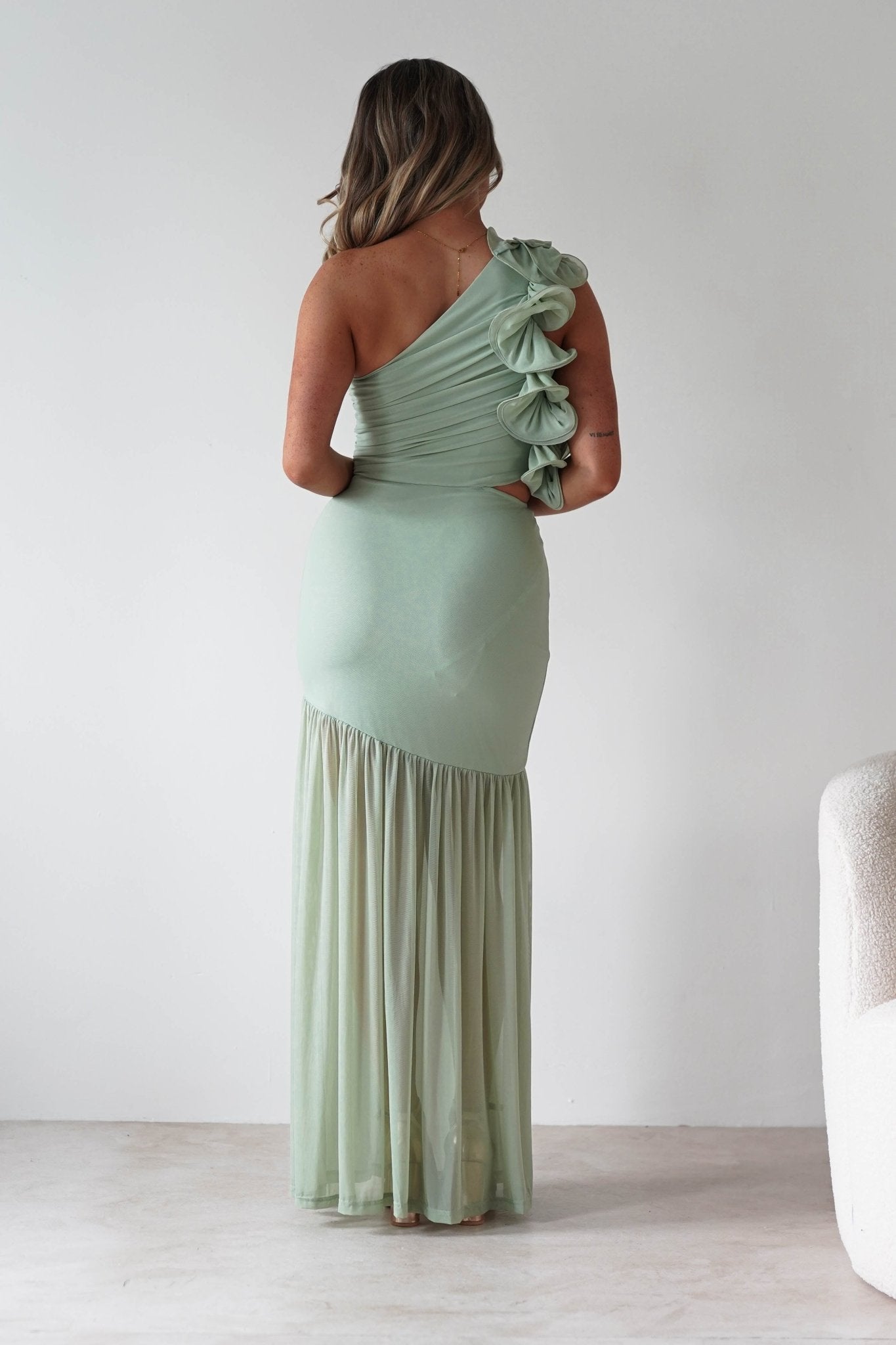 Stephanie Mesh Ruffle Maxi Dress Sage | Wedding Guest Dress | Maxi | Mesh | Oh Hello Clothing