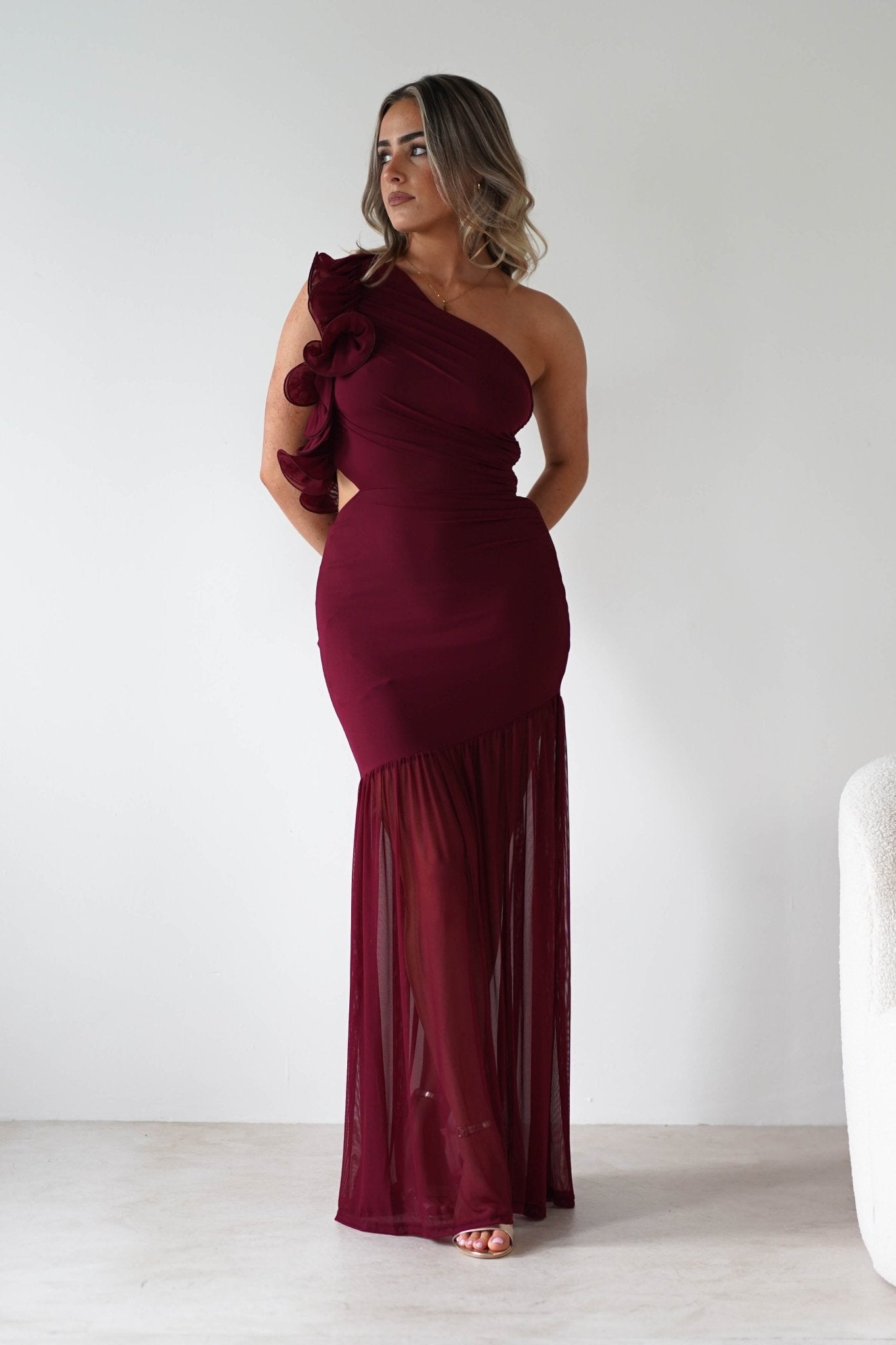 Stephanie Mesh Ruffle Maxi Dress Wine | Wedding Guest Dress | Maxi | Mesh | Oh Hello Clothing