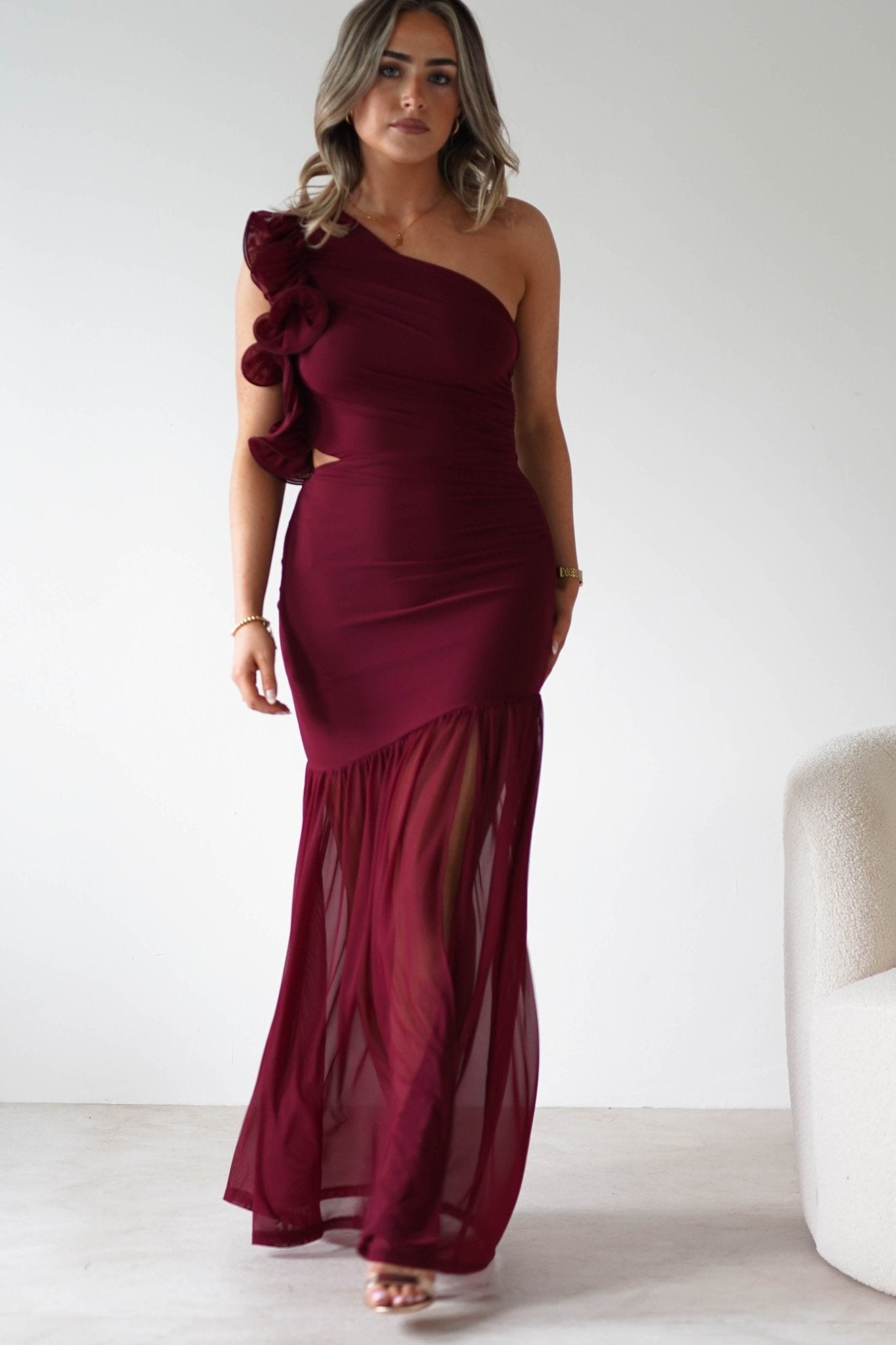 Stephanie Mesh Ruffle Maxi Dress Wine | Wedding Guest Dress | Maxi | Mesh | Oh Hello Clothing