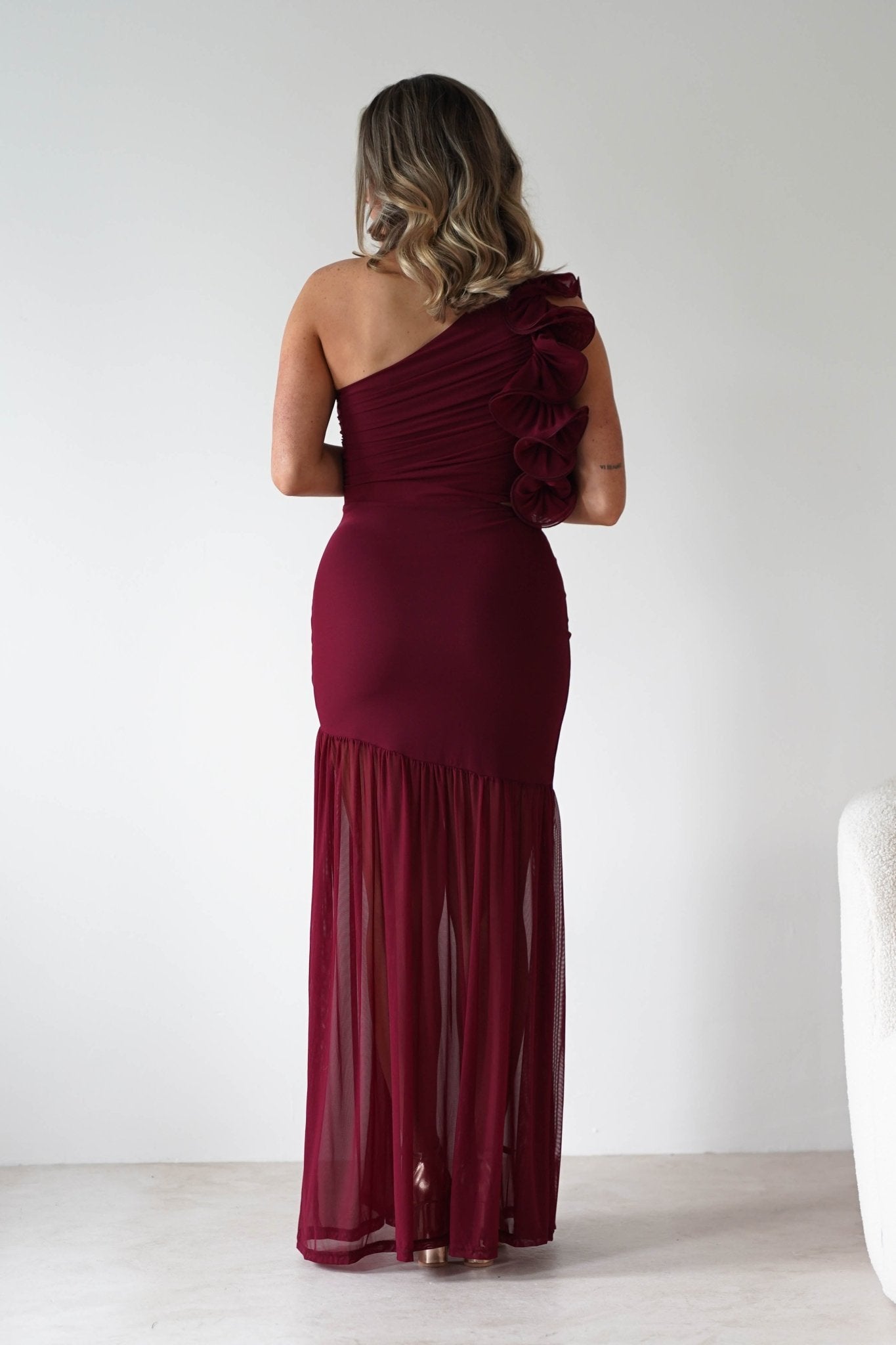 Stephanie Mesh Ruffle Maxi Dress Wine | Wedding Guest Dress | Maxi | Mesh | Oh Hello Clothing