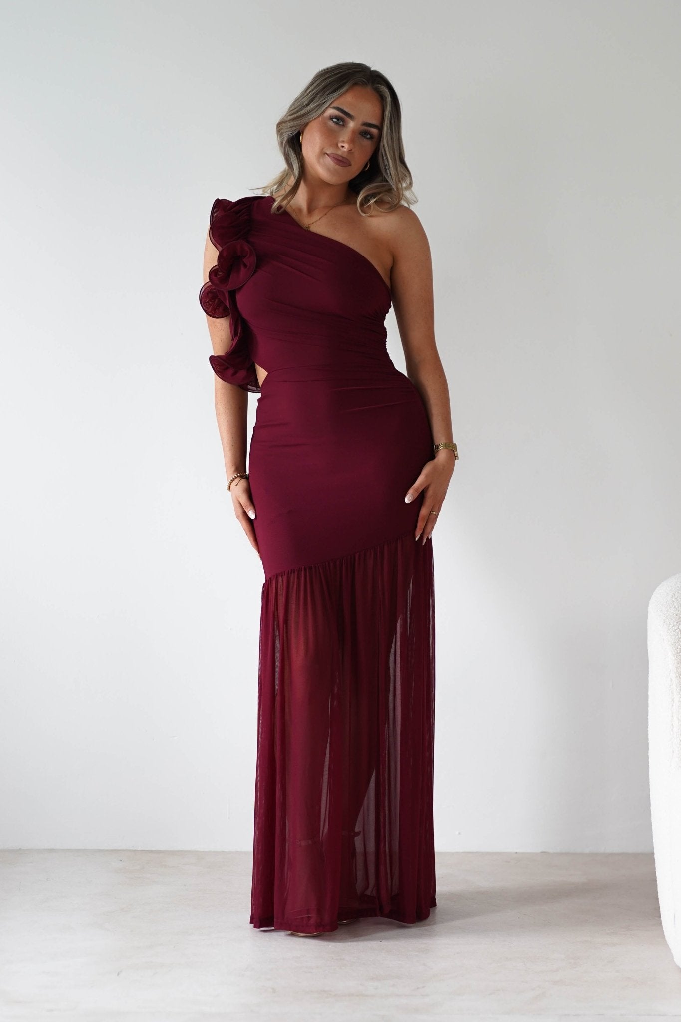 Stephanie Mesh Ruffle Maxi Dress Wine | Wedding Guest Dress | Maxi | Mesh | Oh Hello Clothing