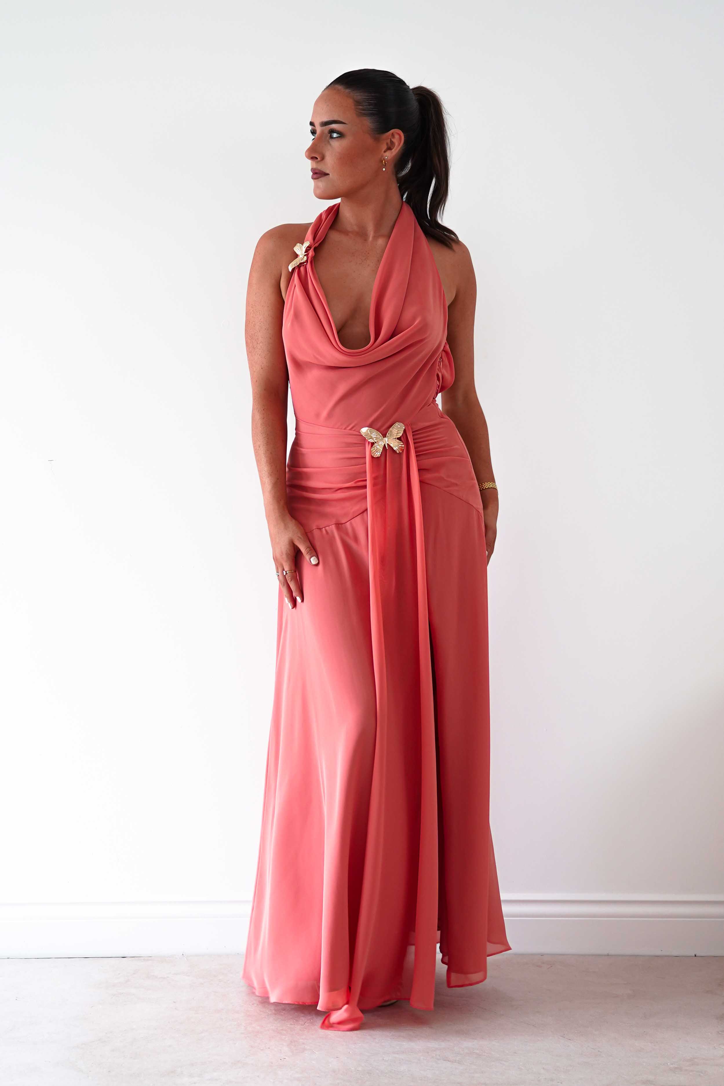 Oh Hello Clothing Women > Clothing > Dresses Summer Draped Halterneck Maxi Dress | Coral