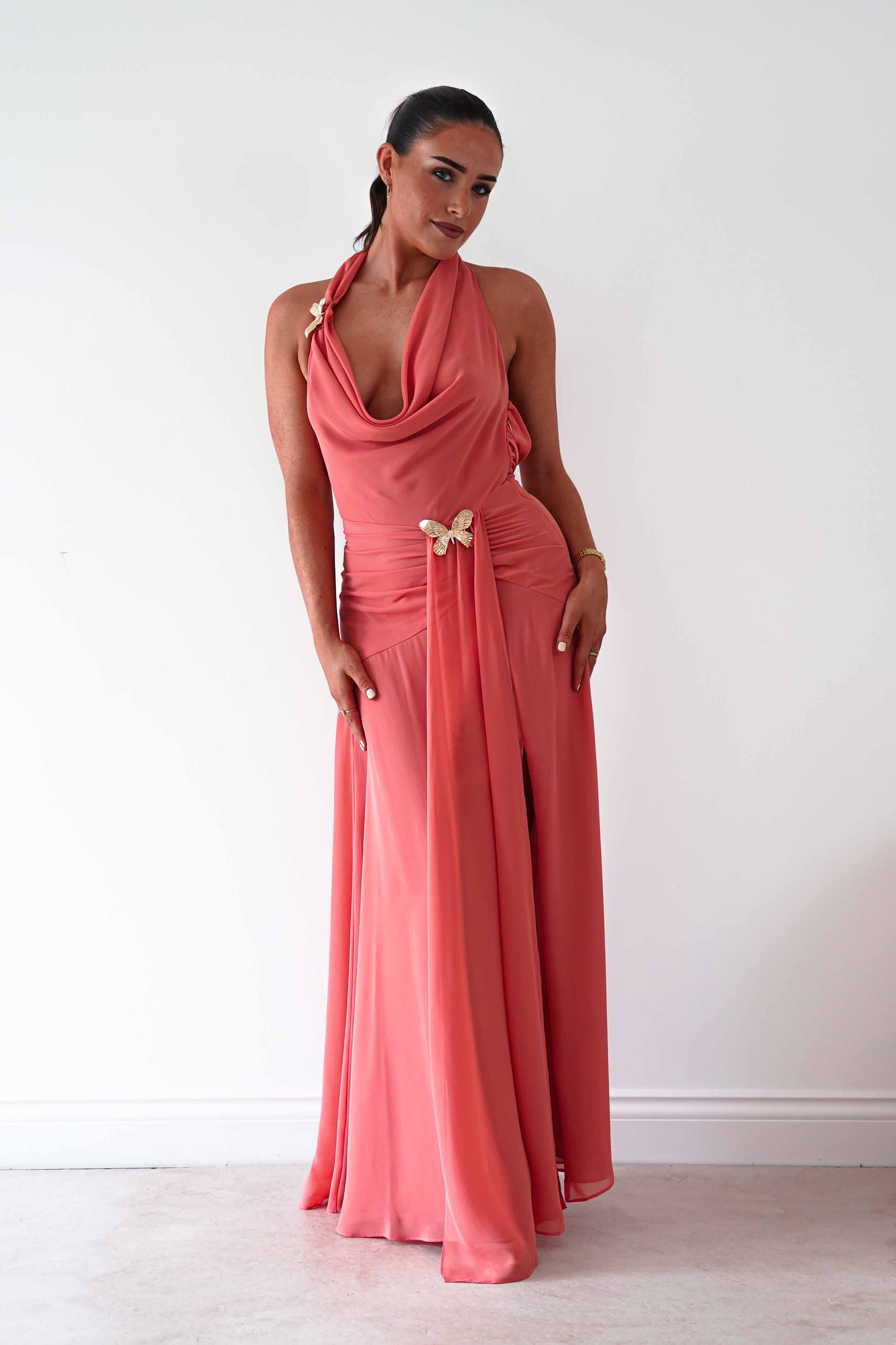 Oh Hello Clothing Women > Clothing > Dresses Summer Draped Halterneck Maxi Dress | Coral