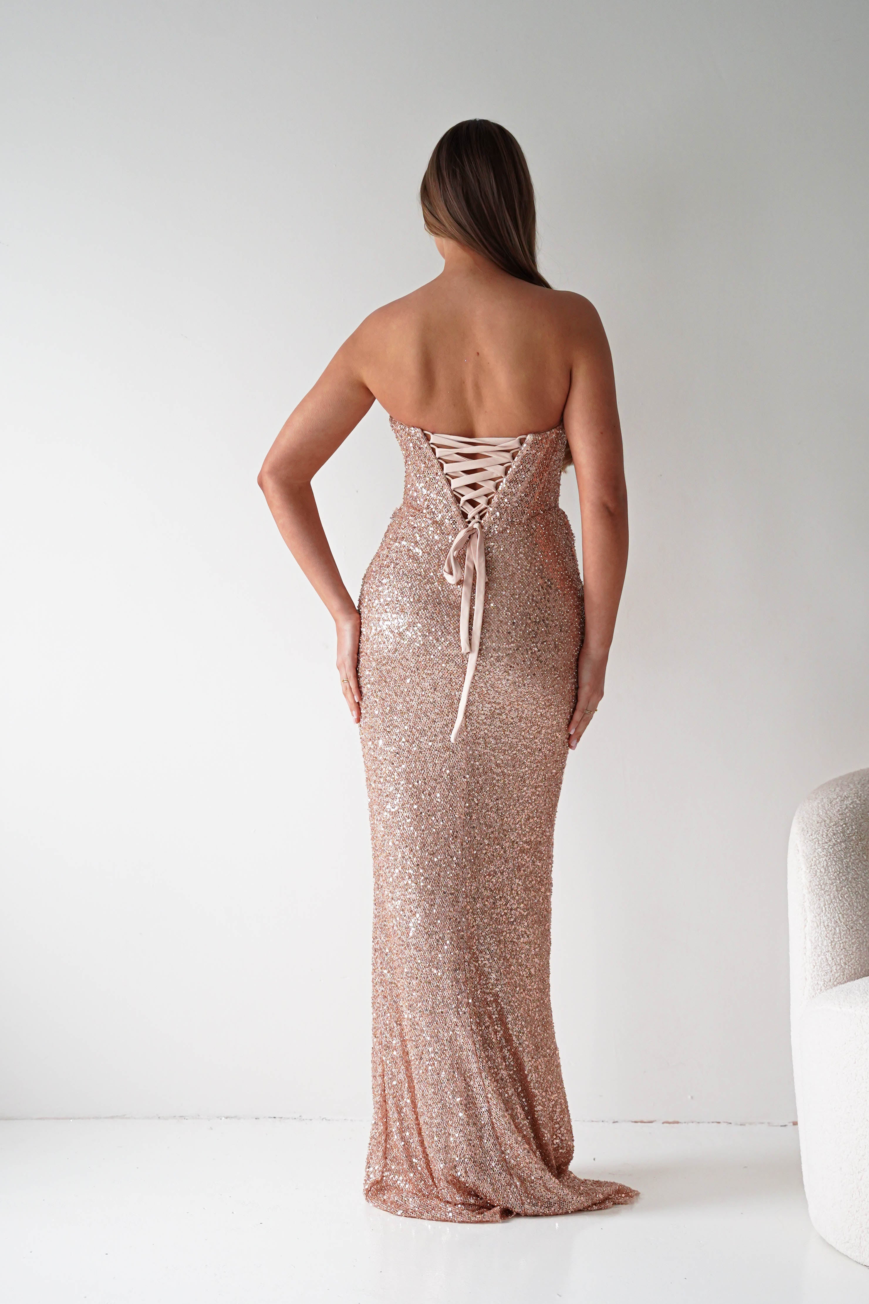Oh Hello Clothing Dresses > Prom Dresses Sylvie Strapless Draped Embellished Gown | Rose Gold