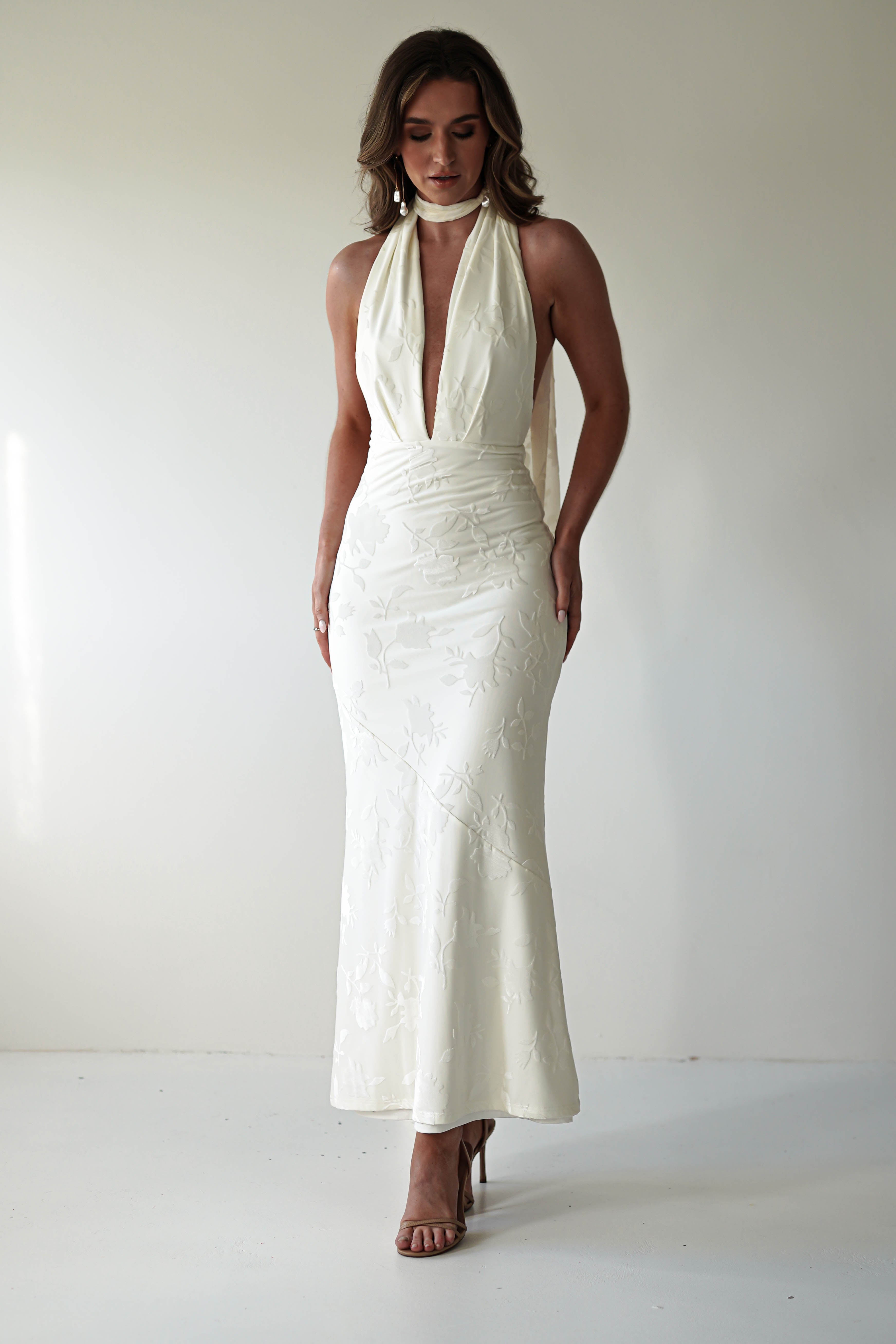 Tara Floral Jacquard Maxi Dress | Ivory/Cream | Graduation | Bride To Be Hen Dress | Oh Hello Clothing