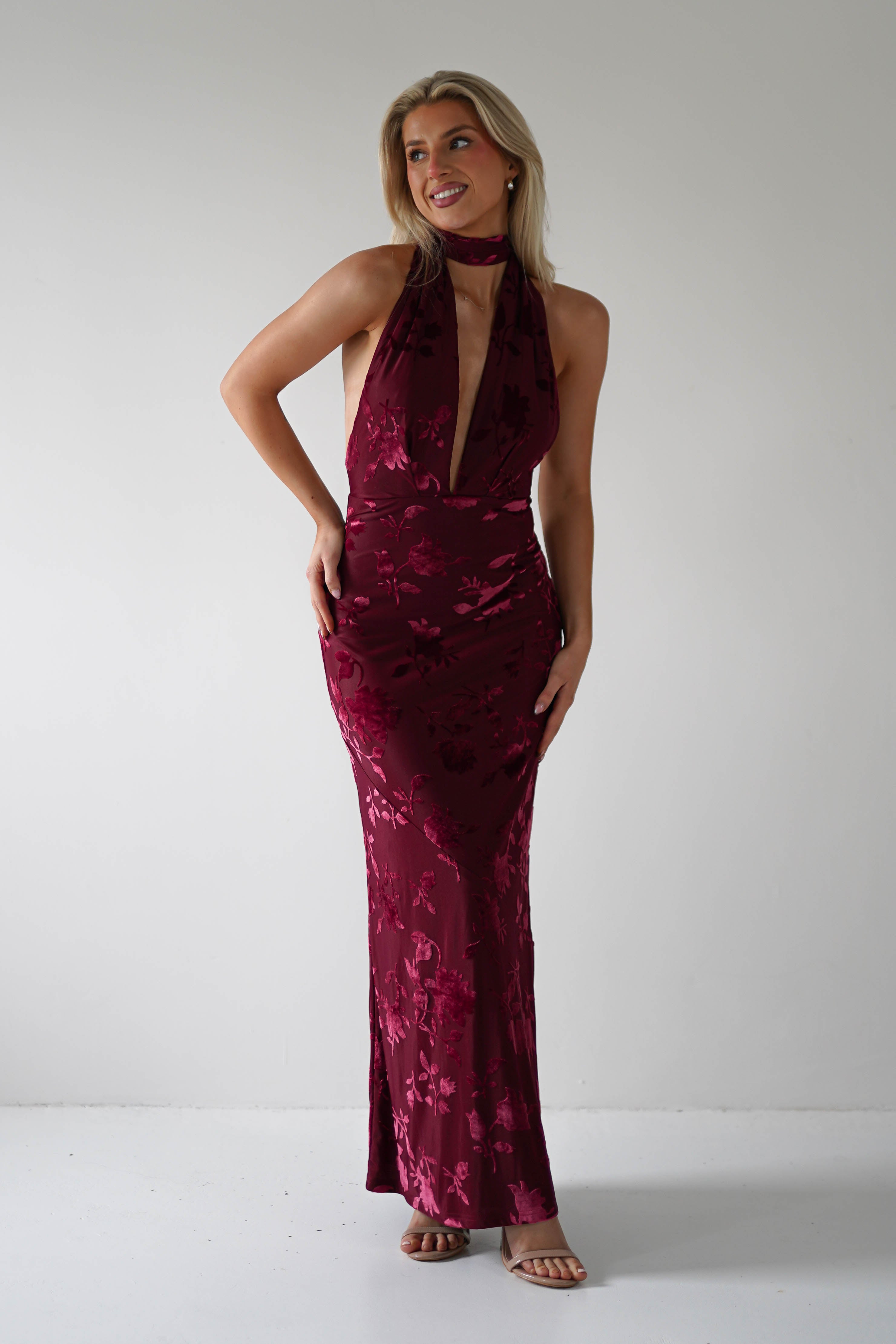 Tara Floral Jacquard Maxi Dress Wine | Wedding Guest Dress | Maxi | Oh Hello Clothing