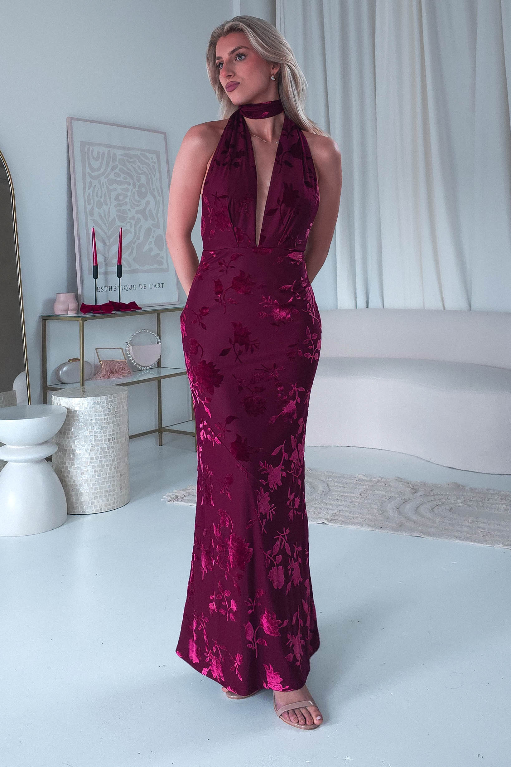 Tara Floral Jacquard Maxi Dress Wine | Wedding Guest Dress | Maxi | Oh Hello Clothing