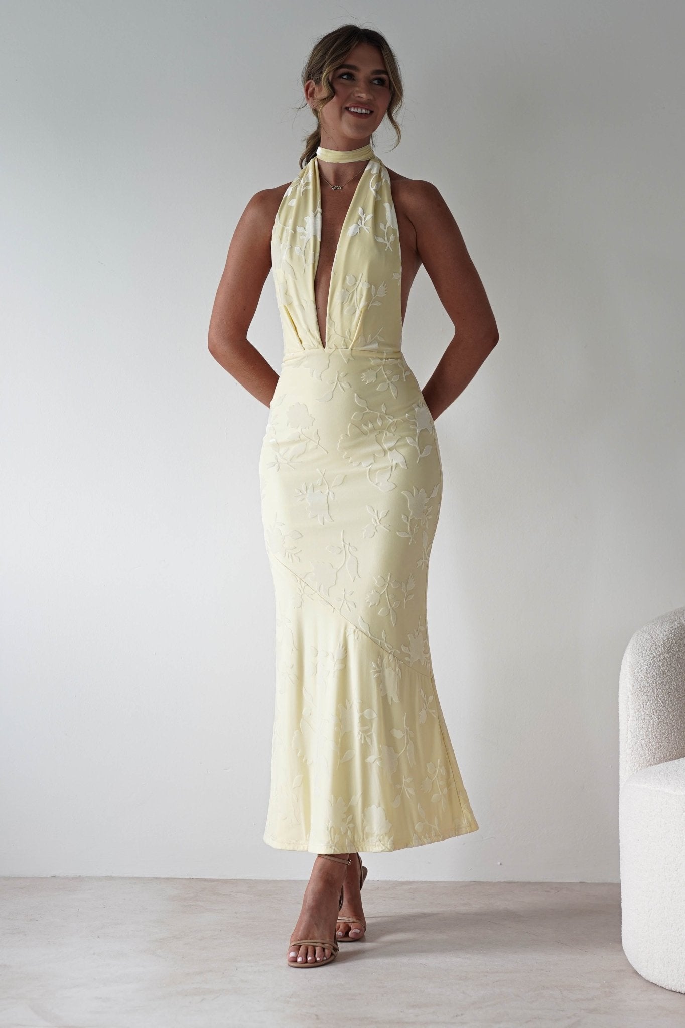 Tara Floral Jacquard Maxi Dress Yellow | Wedding Guest Dress | Maxi | Oh Hello Clothing
