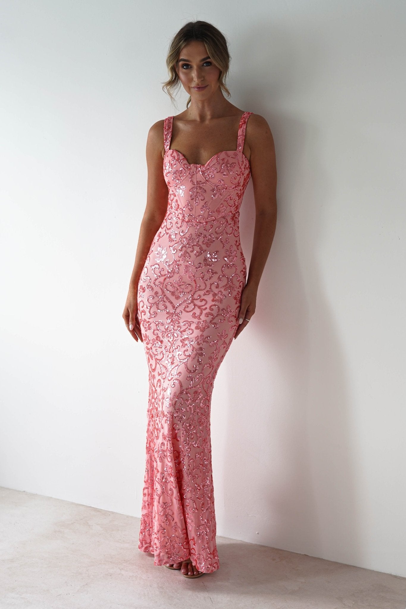 Taylor Embroidered Sequin Gown | Coral | Debs & Prom | Formal Gown | Oh Hello Clothing