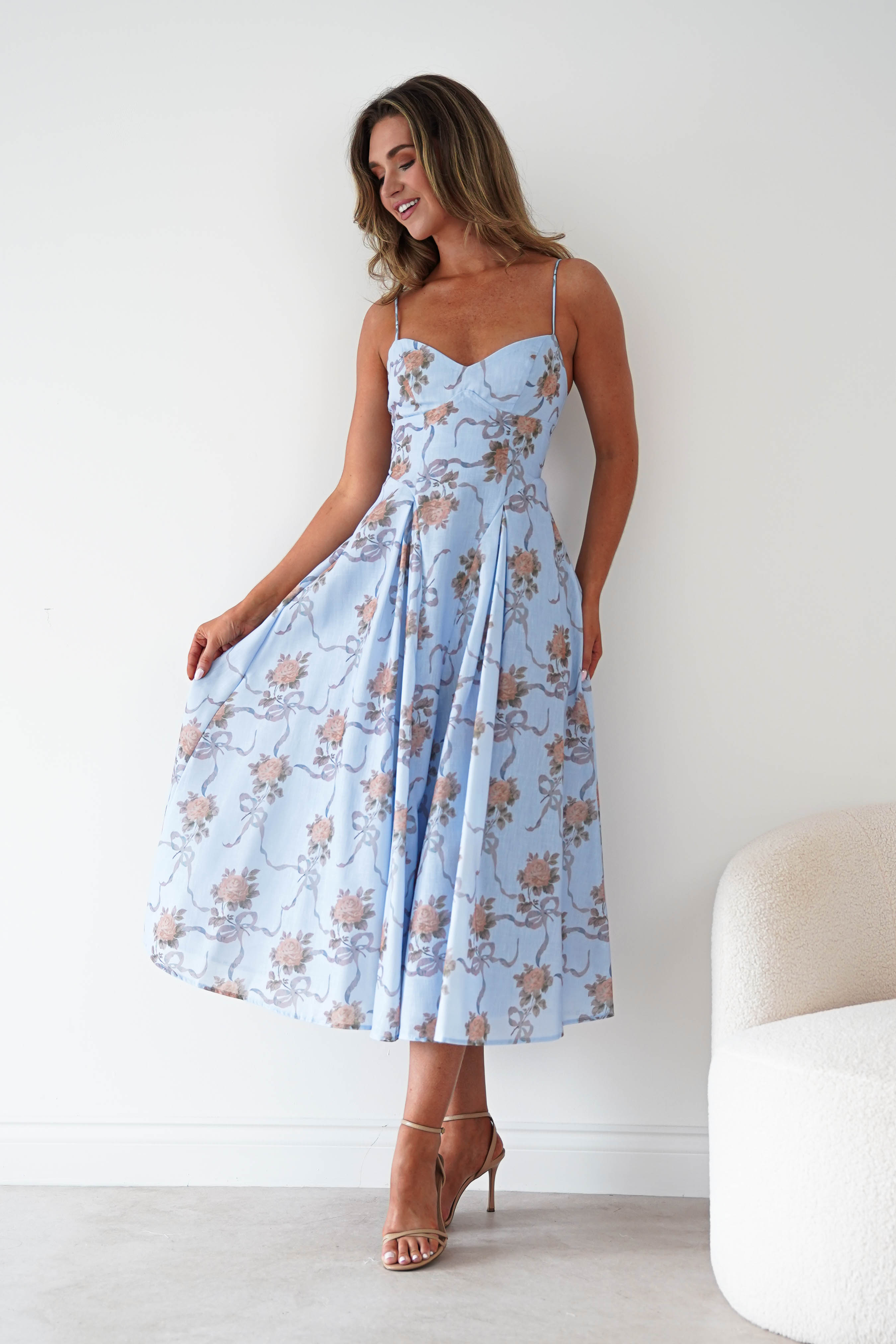 Oh Hello Clothing Women > Clothing > Dresses Tess Floral Print Skater Midaxi Dress | Blue