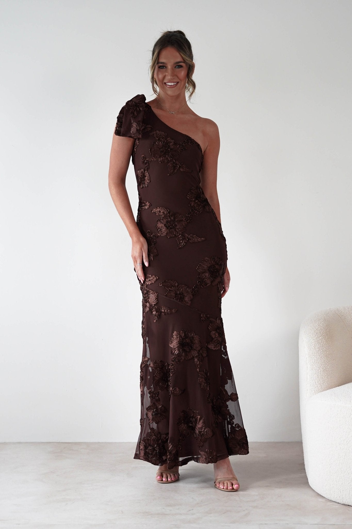 Thelma Floral Textured Maxi Dress Brown | Wedding Guest Dress | Maxi | Oh Hello Clothing