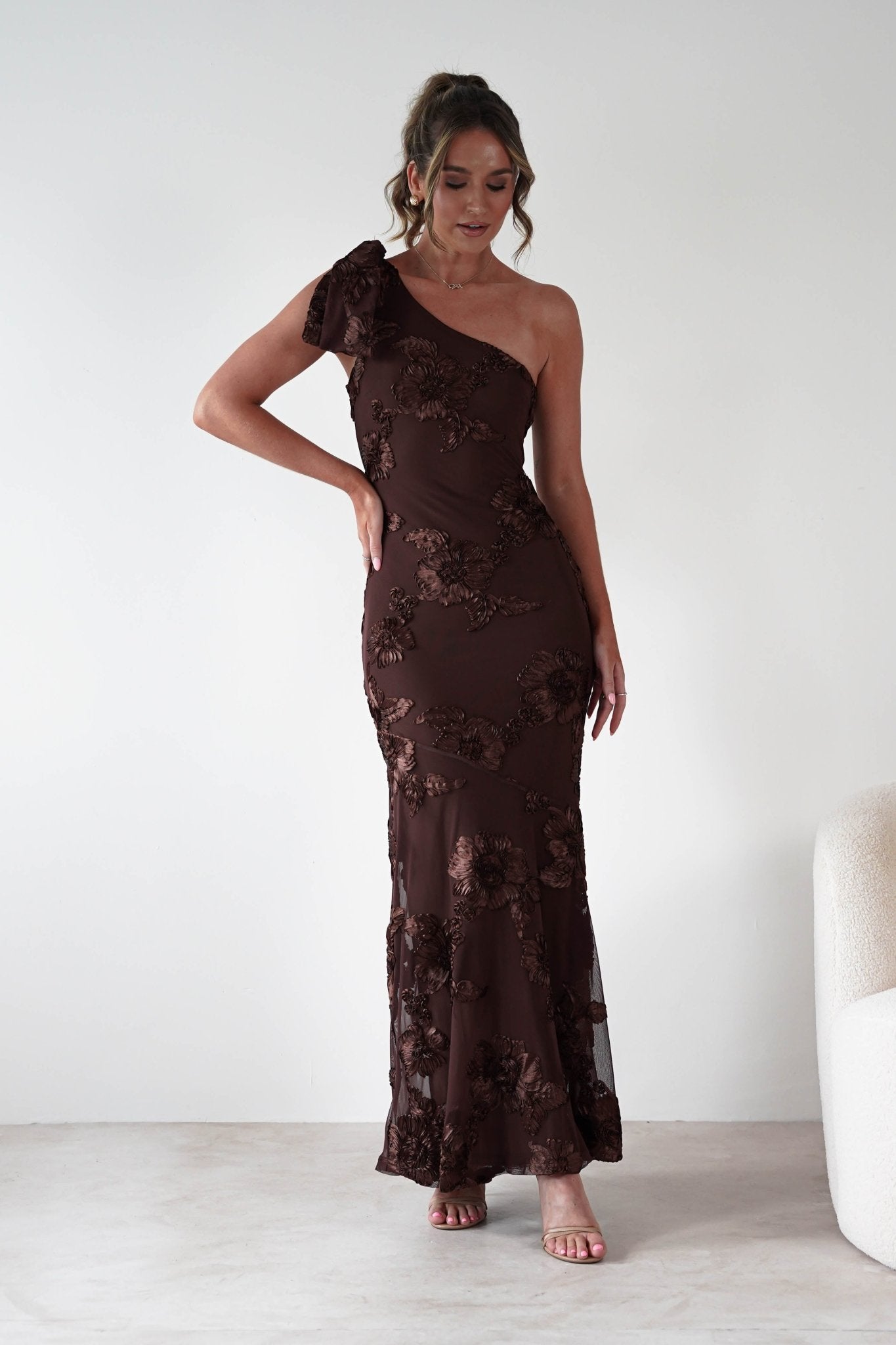 Thelma Floral Textured Maxi Dress Brown | Wedding Guest Dress | Maxi | Oh Hello Clothing