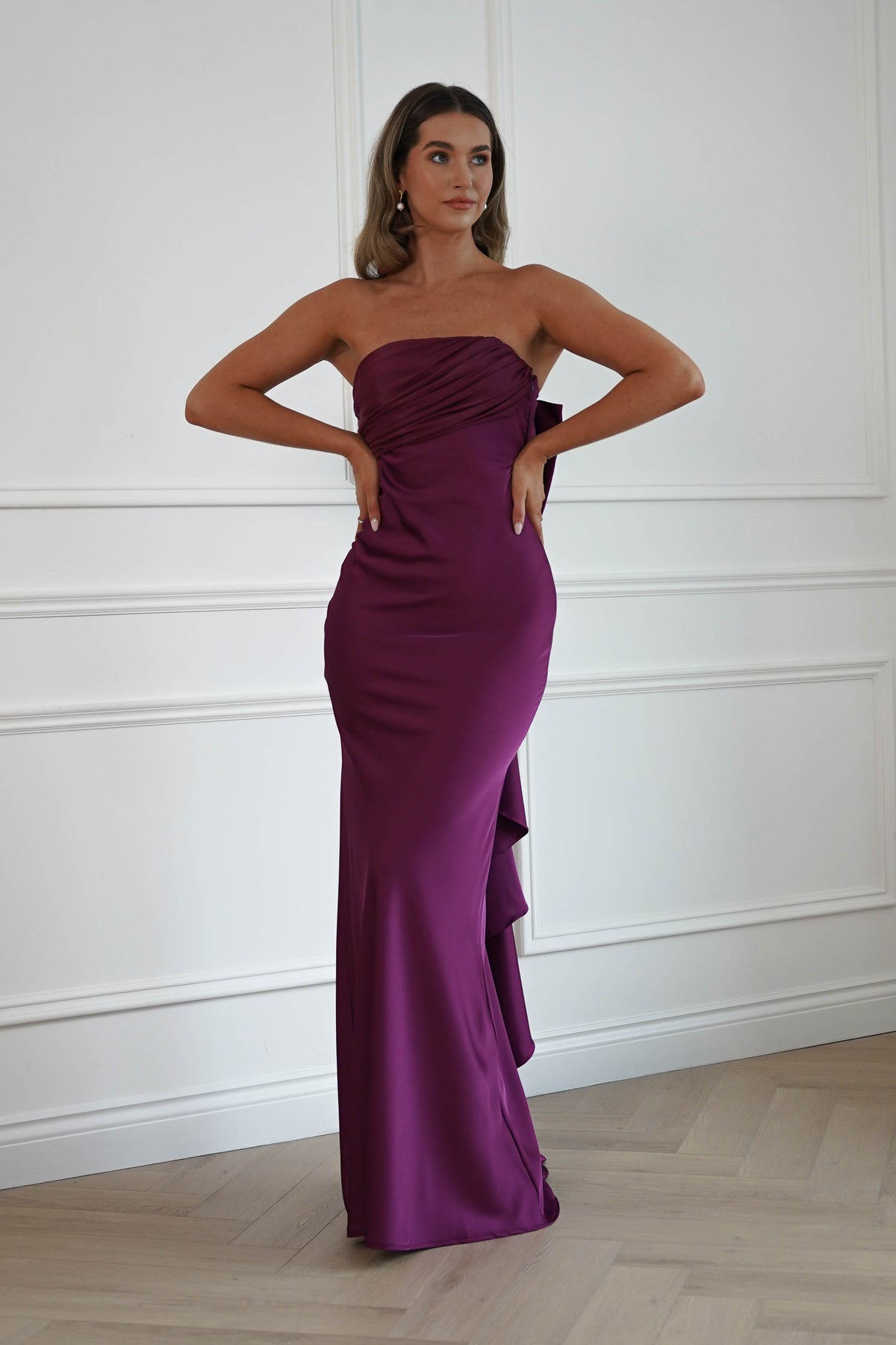 Oh Hello Clothing Dresses > Prom Dresses Therese Bow Detail Satin Maxi Dress | Plum