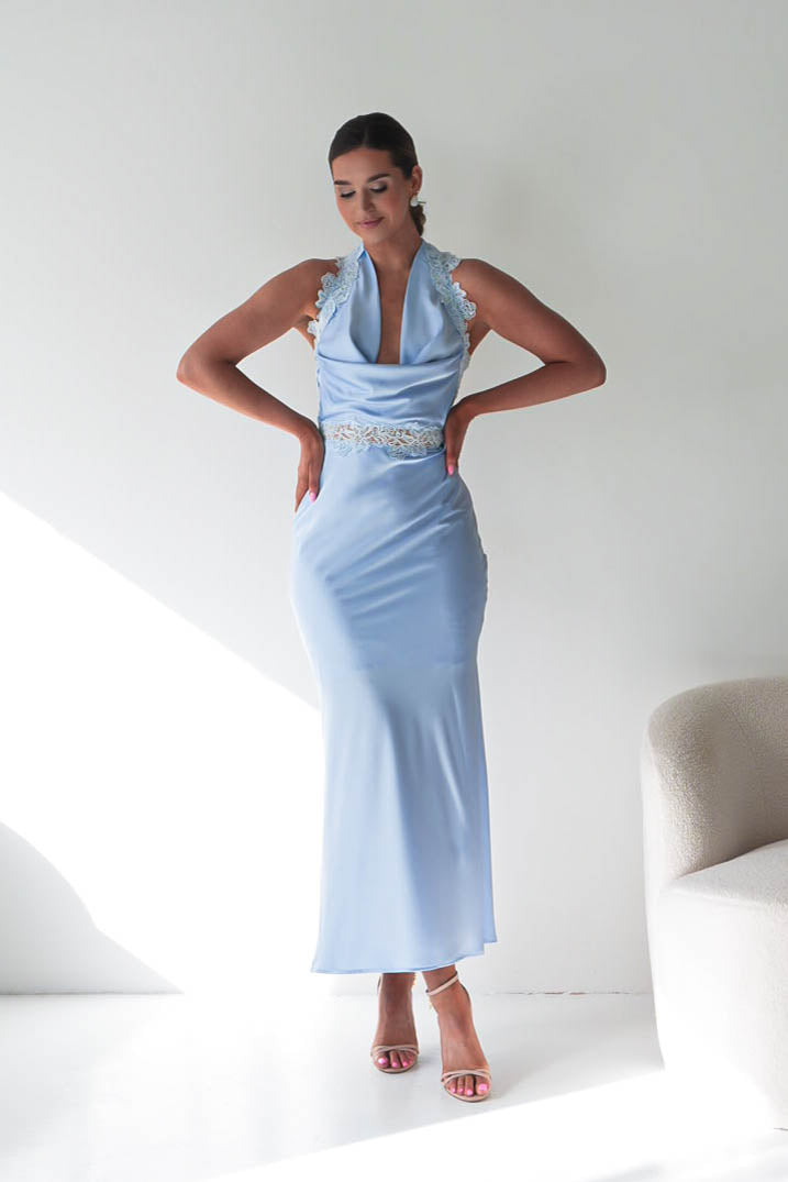 Oh Hello Clothing Women > Clothing > Dresses Tonya Halterneck Lace Detail Satin Maxi Dress | Blue