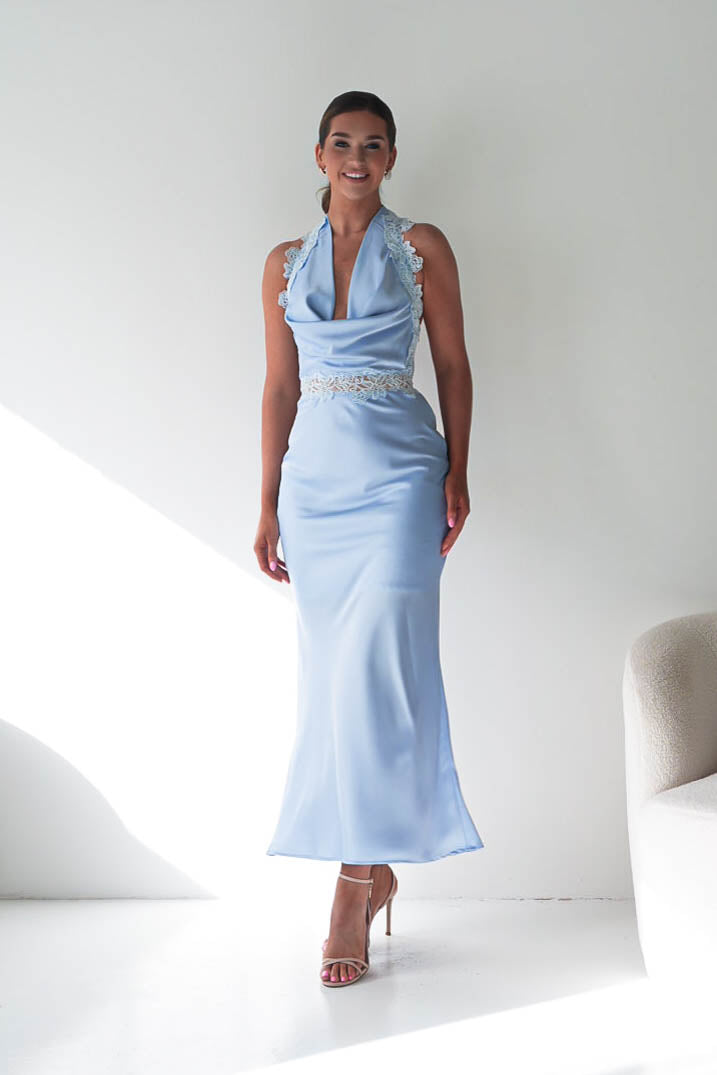 Oh Hello Clothing Women > Clothing > Dresses Tonya Halterneck Lace Detail Satin Maxi Dress | Blue