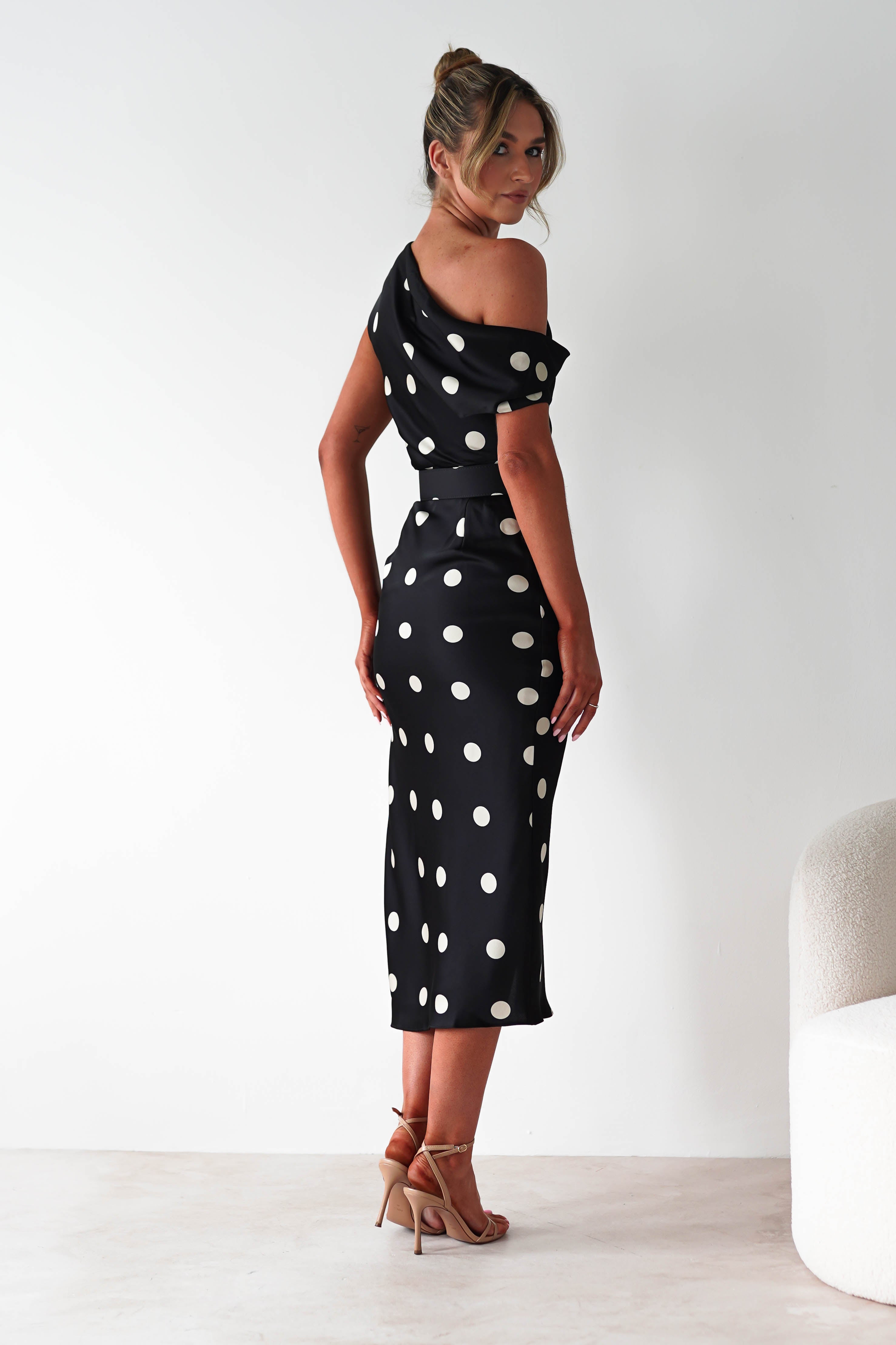 Valora Polka Dot Satin Midi Dress Black | Wedding Guest Dress | Midi | Satin | Oh Hello Clothing