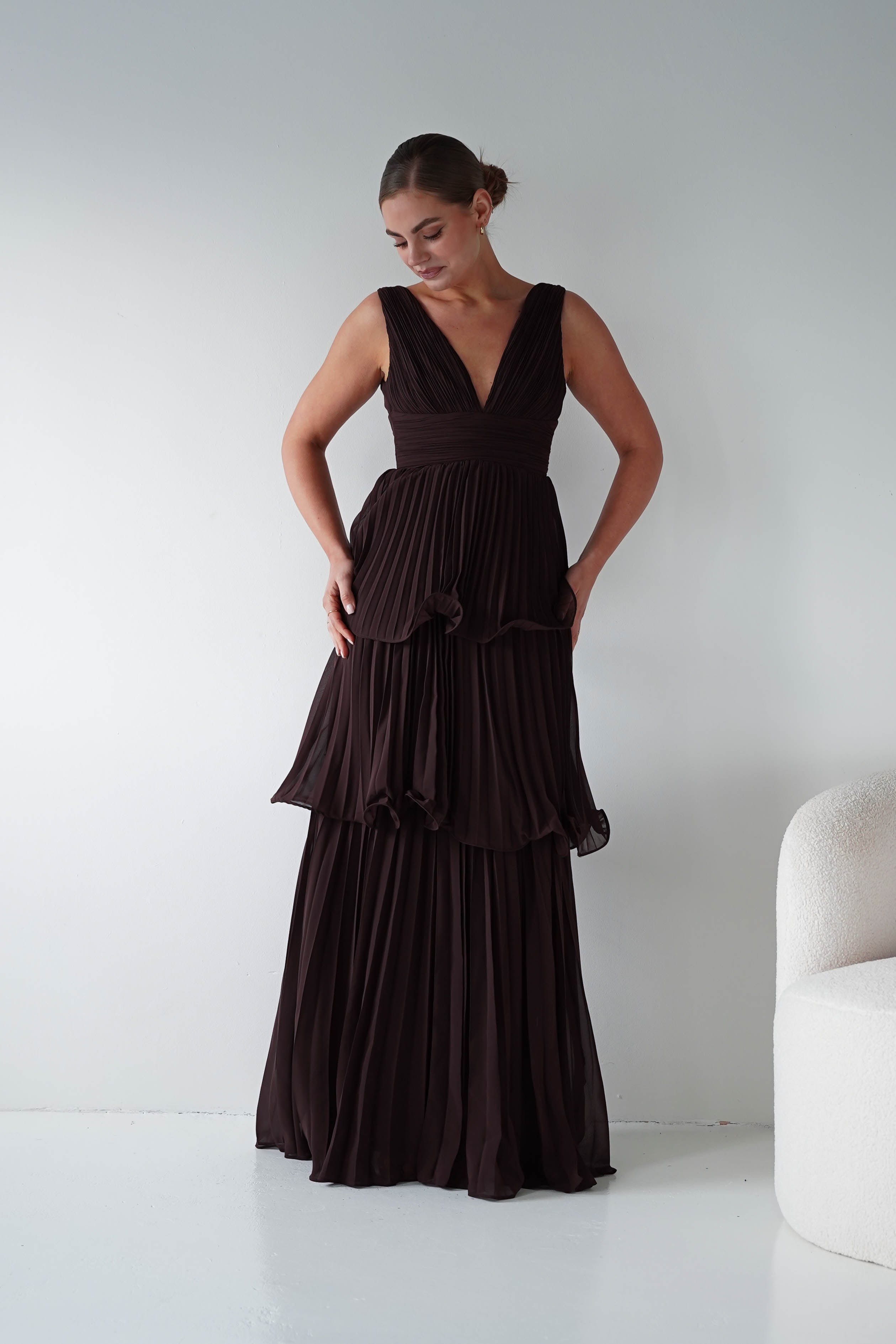 Oh Hello Clothing Women > Clothing > Dresses Vina Tiered Pleated Layered Maxi Dress | Chocolate