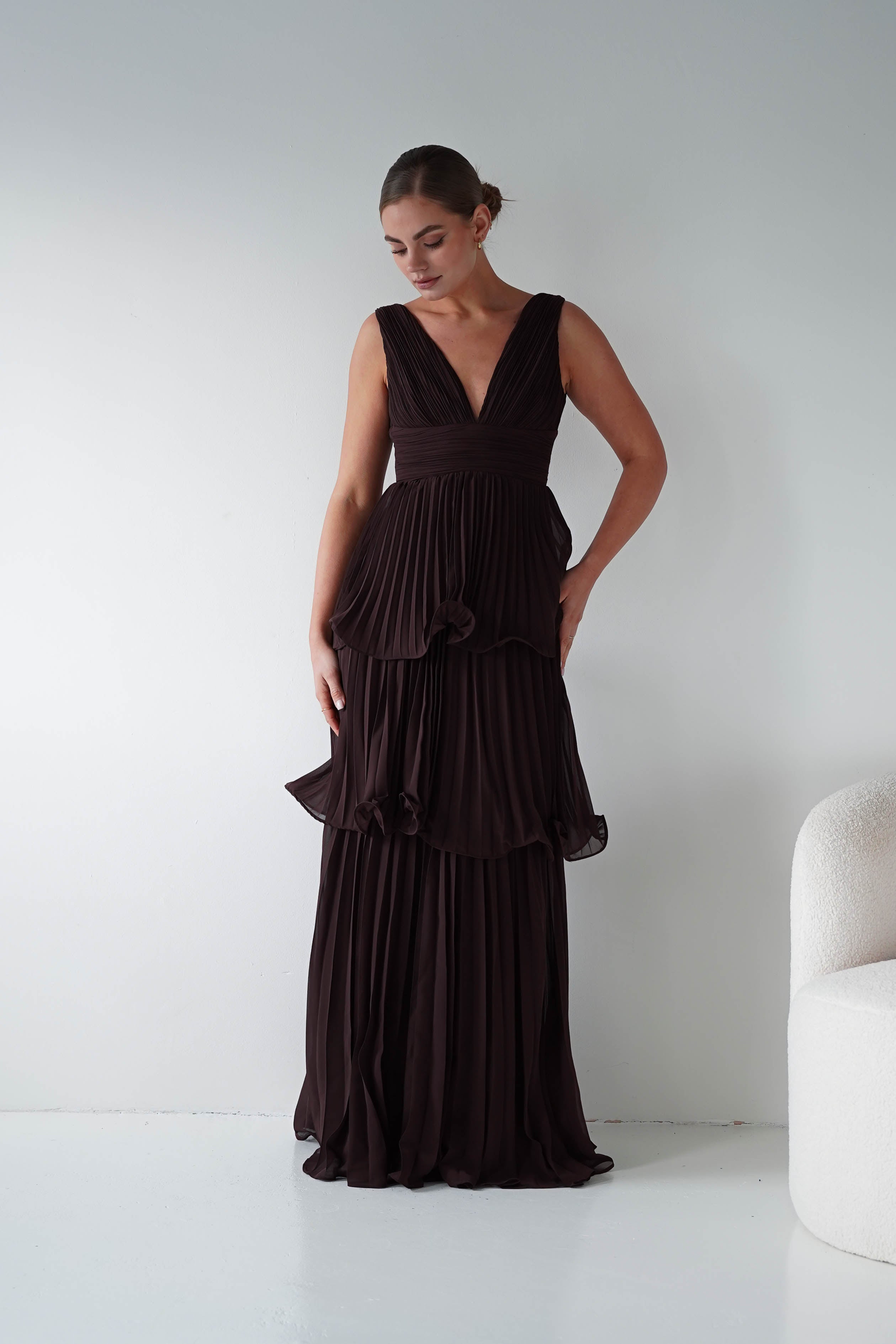 Oh Hello Clothing Women > Clothing > Dresses Vina Tiered Pleated Layered Maxi Dress | Chocolate