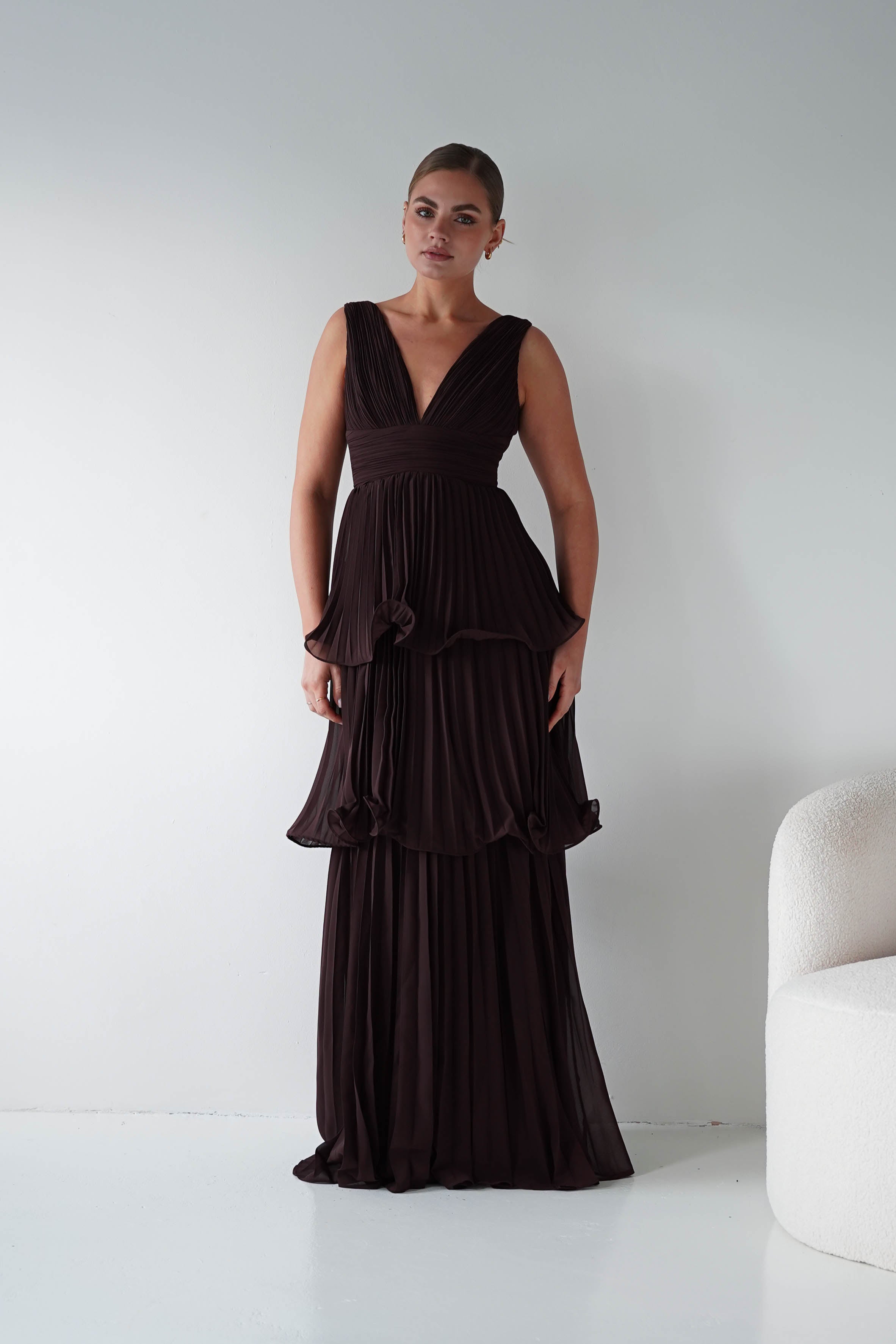 Oh Hello Clothing Women > Clothing > Dresses Vina Tiered Pleated Layered Maxi Dress | Chocolate