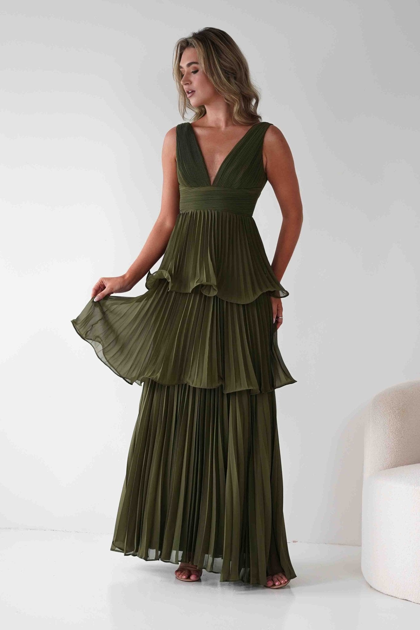 Vina Tiered Pleated Layered Maxi Dress Dark Olive | Wedding Guest Dress | Pleated Skirt | Maxi | Oh Hello Clothing