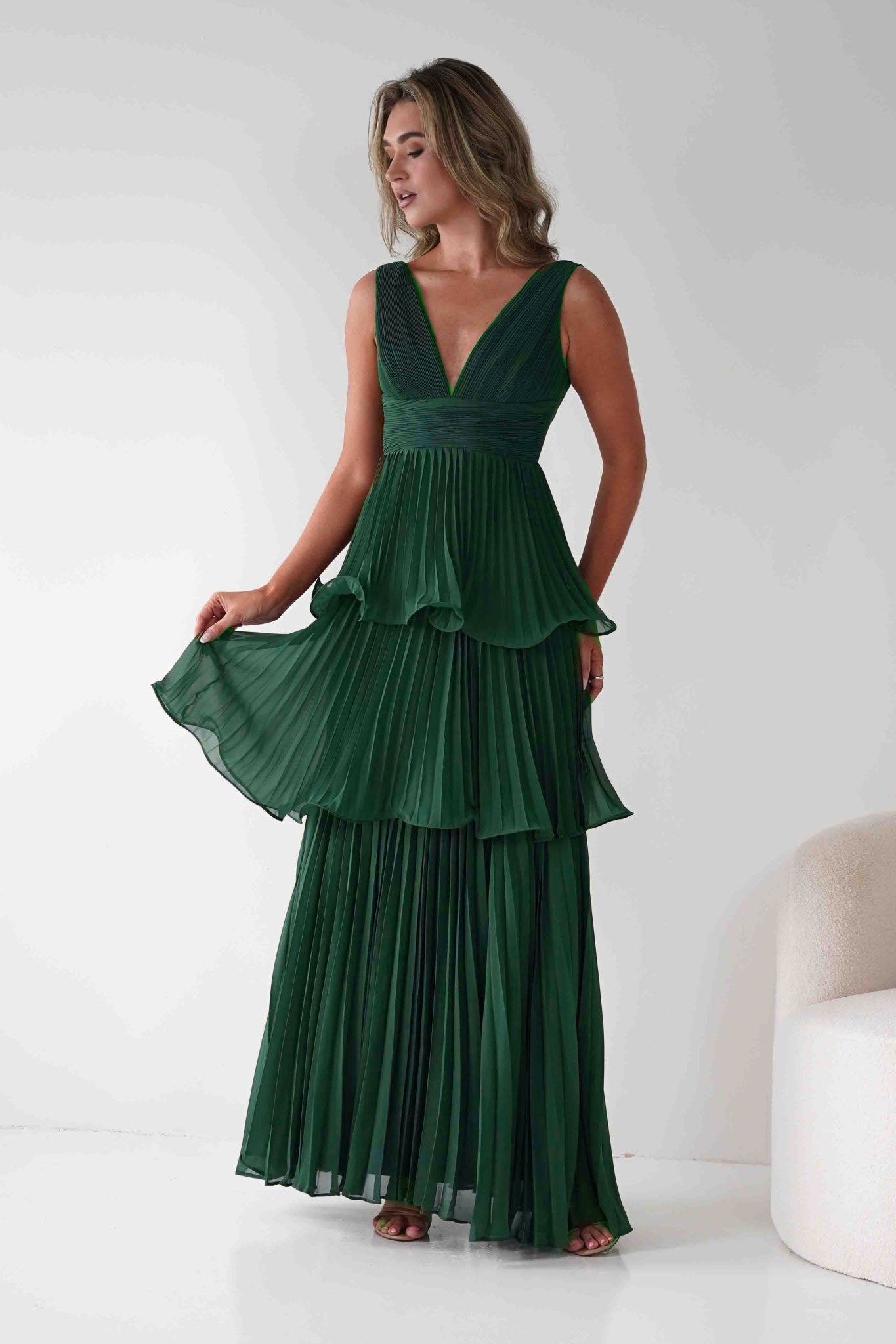 Oh Hello Clothing Dresses Vina Tiered Pleated Layered Maxi Dress | Forest Green