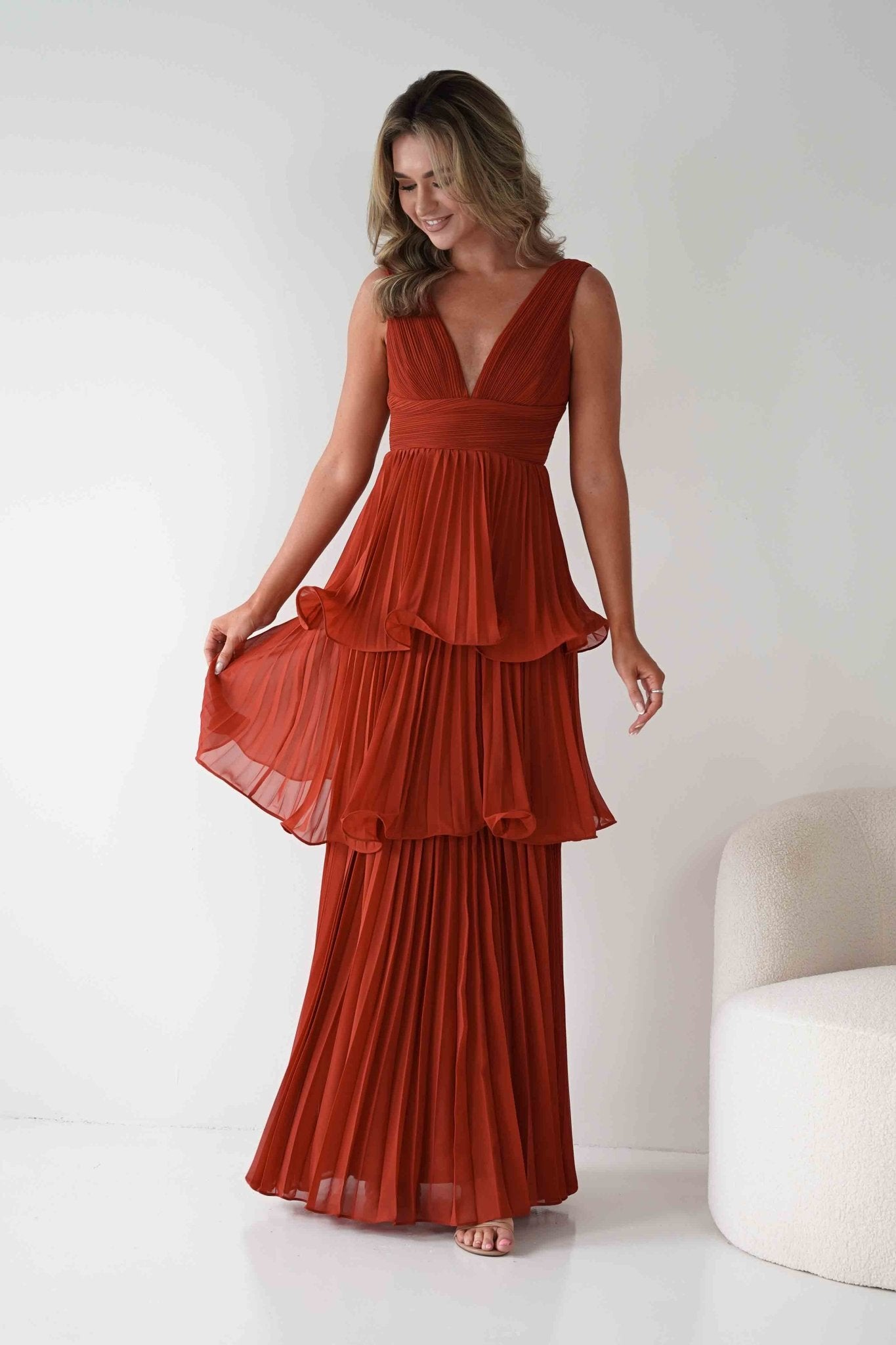 Vina Tiered Pleated Layered Maxi Dress Rust | Wedding Guest Dress | Pleated Skirt | Maxi | Oh Hello Clothing