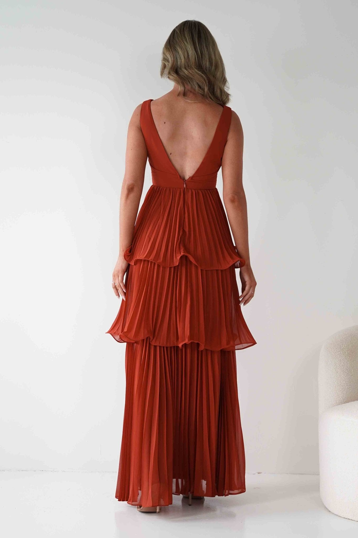 Vina Tiered Pleated Layered Maxi Dress Rust | Wedding Guest Dress | Pleated Skirt | Maxi | Oh Hello Clothing