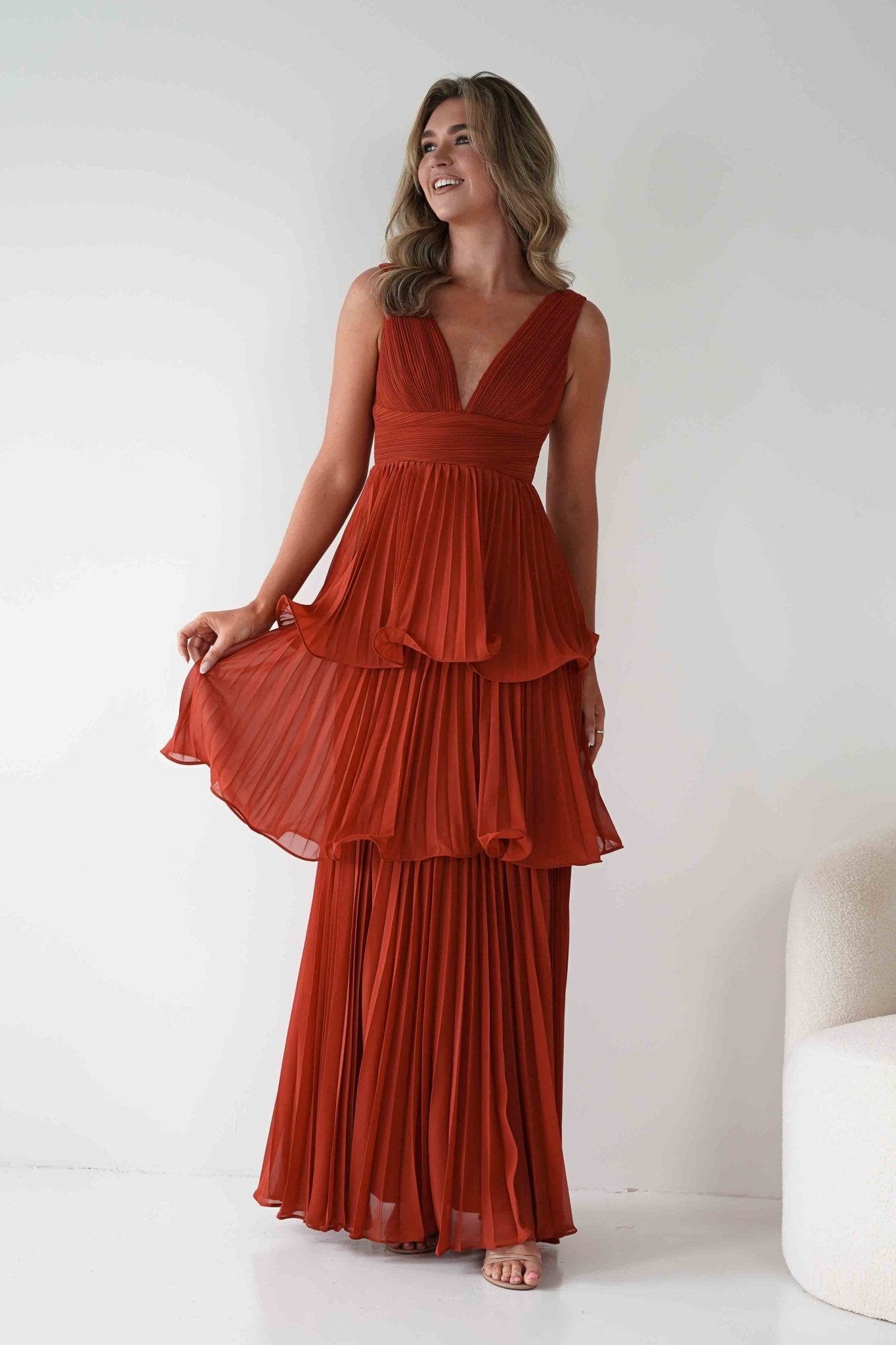 Vina Tiered Pleated Layered Maxi Dress Rust | Wedding Guest Dress | Pleated Skirt | Maxi | Oh Hello Clothing
