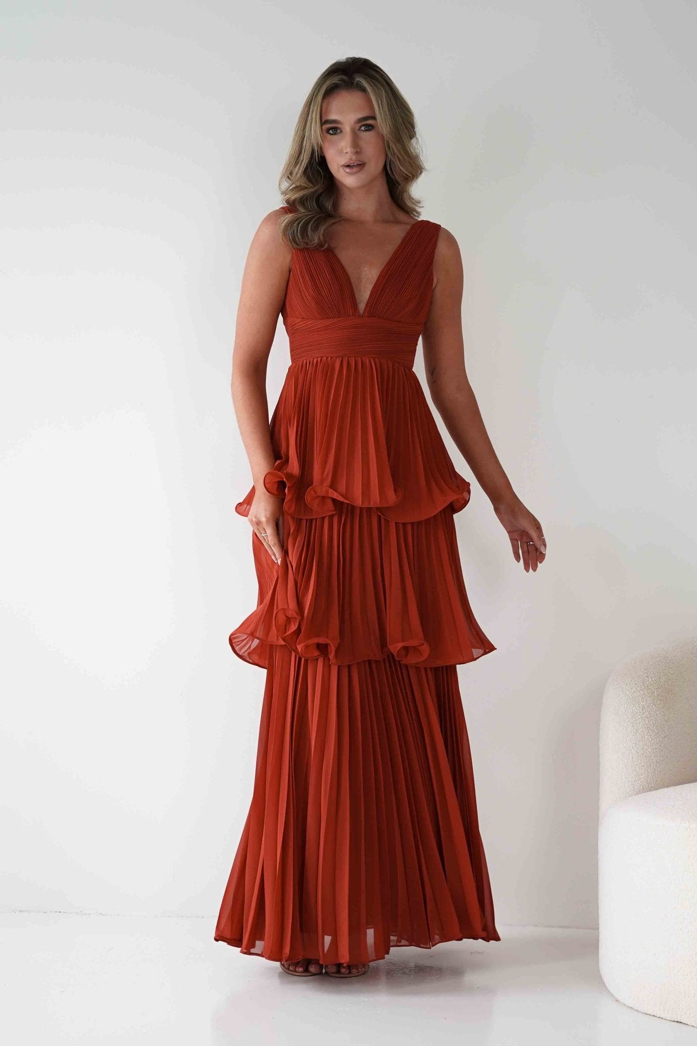 Vina Tiered Pleated Layered Maxi Dress Rust | Wedding Guest Dress | Pleated Skirt | Maxi | Oh Hello Clothing