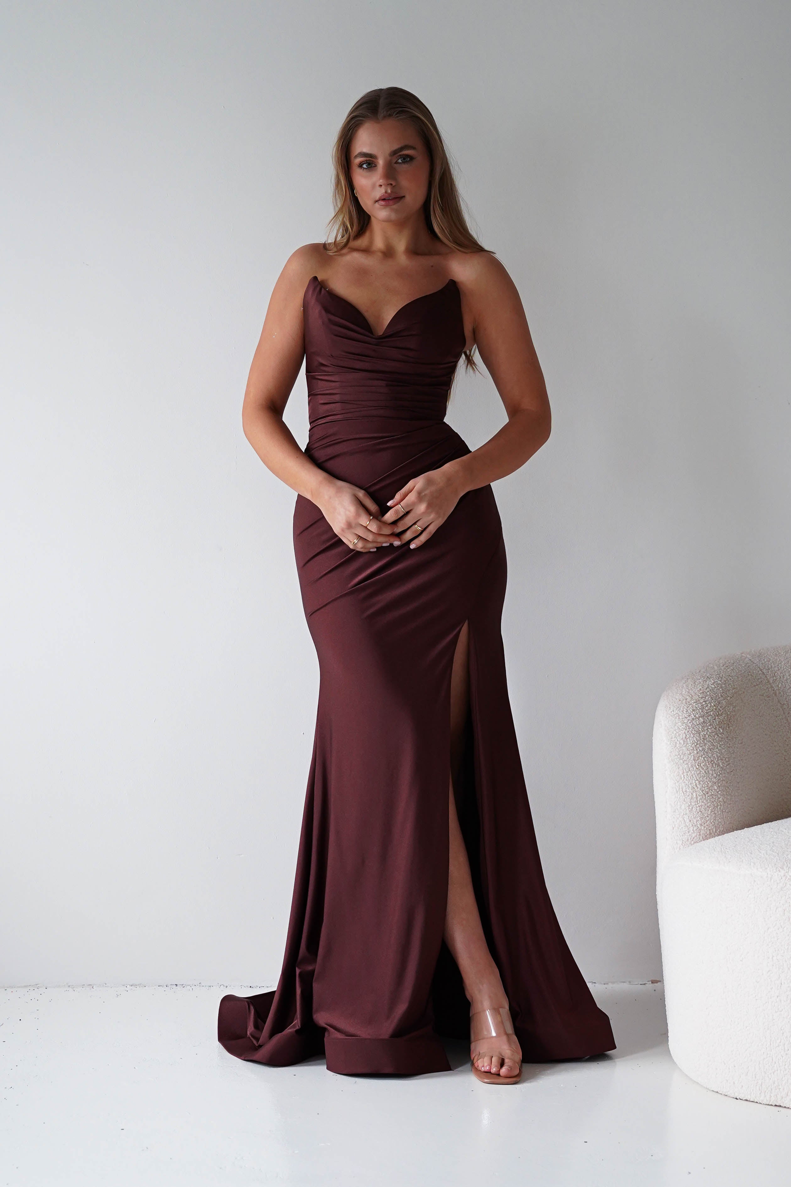 Oh Hello Clothing Dresses > Prom Dresses Visenta Ruched Bodice Strapless Gown | Espresso