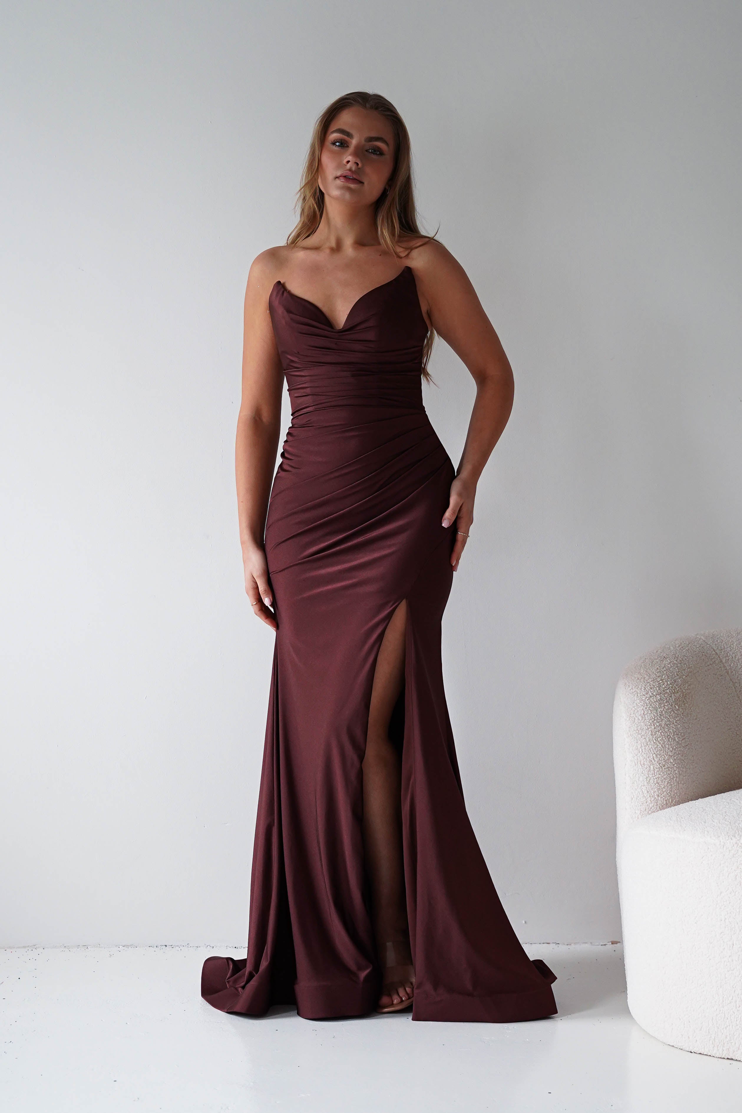 Oh Hello Clothing Dresses > Prom Dresses Visenta Ruched Bodice Strapless Gown | Espresso