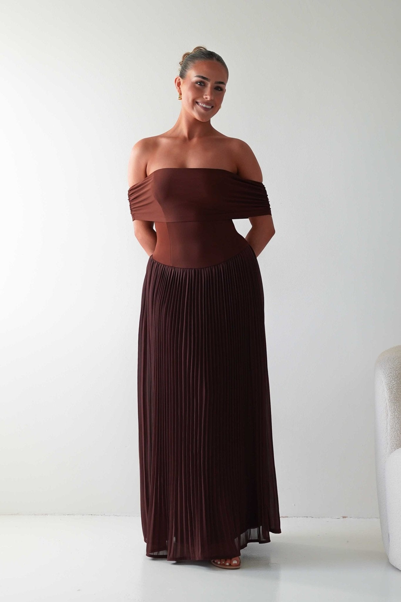 Oh Hello Clothing Dresses Whitney Pleated Off The Shoulder Maxi Dress | Brown