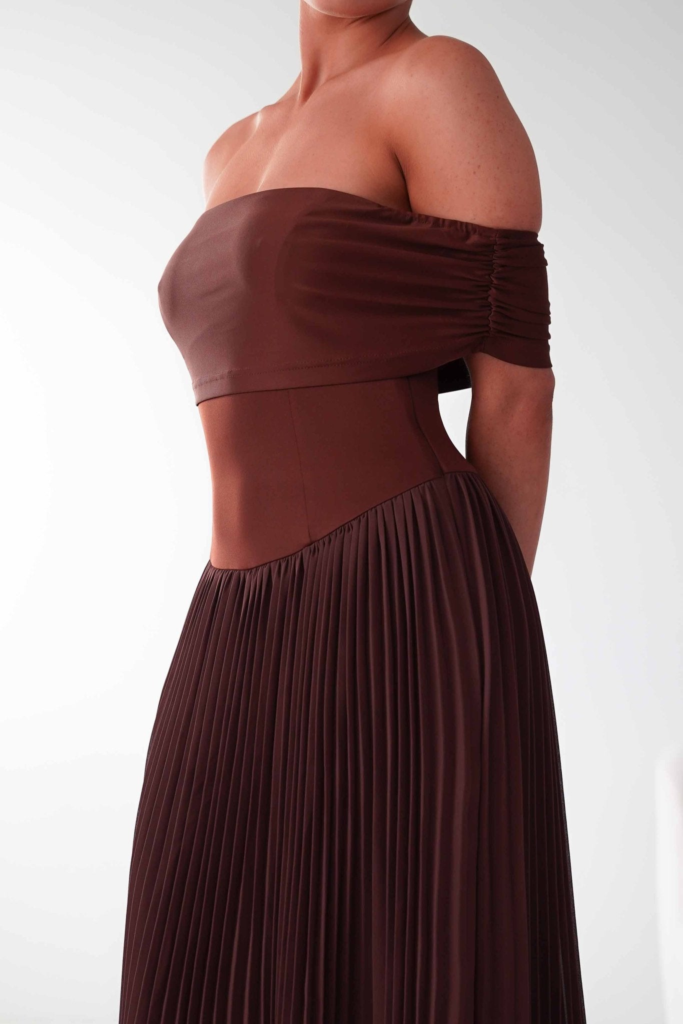 Oh Hello Clothing Dresses Whitney Pleated Off The Shoulder Maxi Dress | Brown