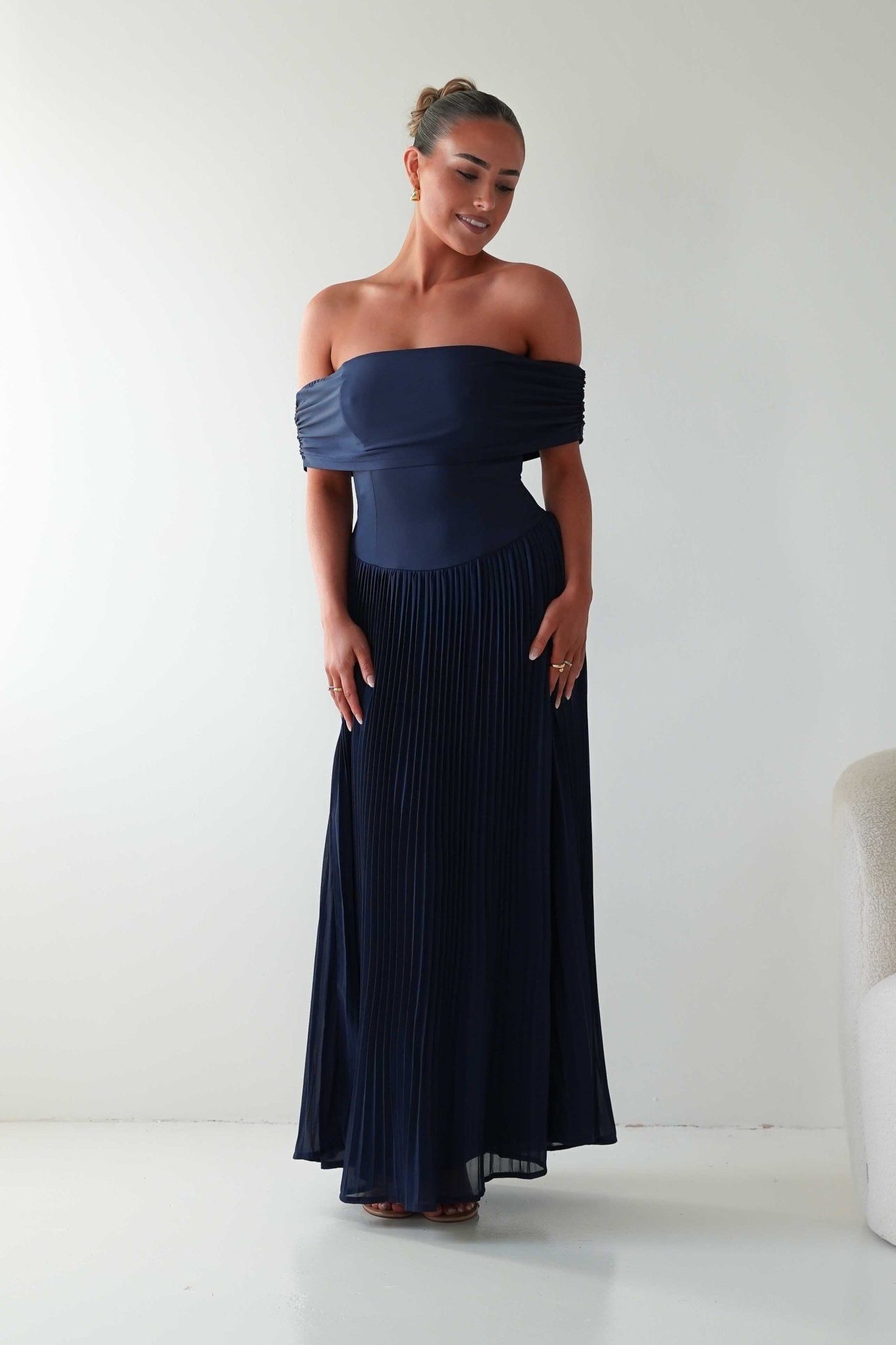 Oh Hello Clothing Dresses Whitney Pleated Off The Shoulder Maxi Dress | Navy