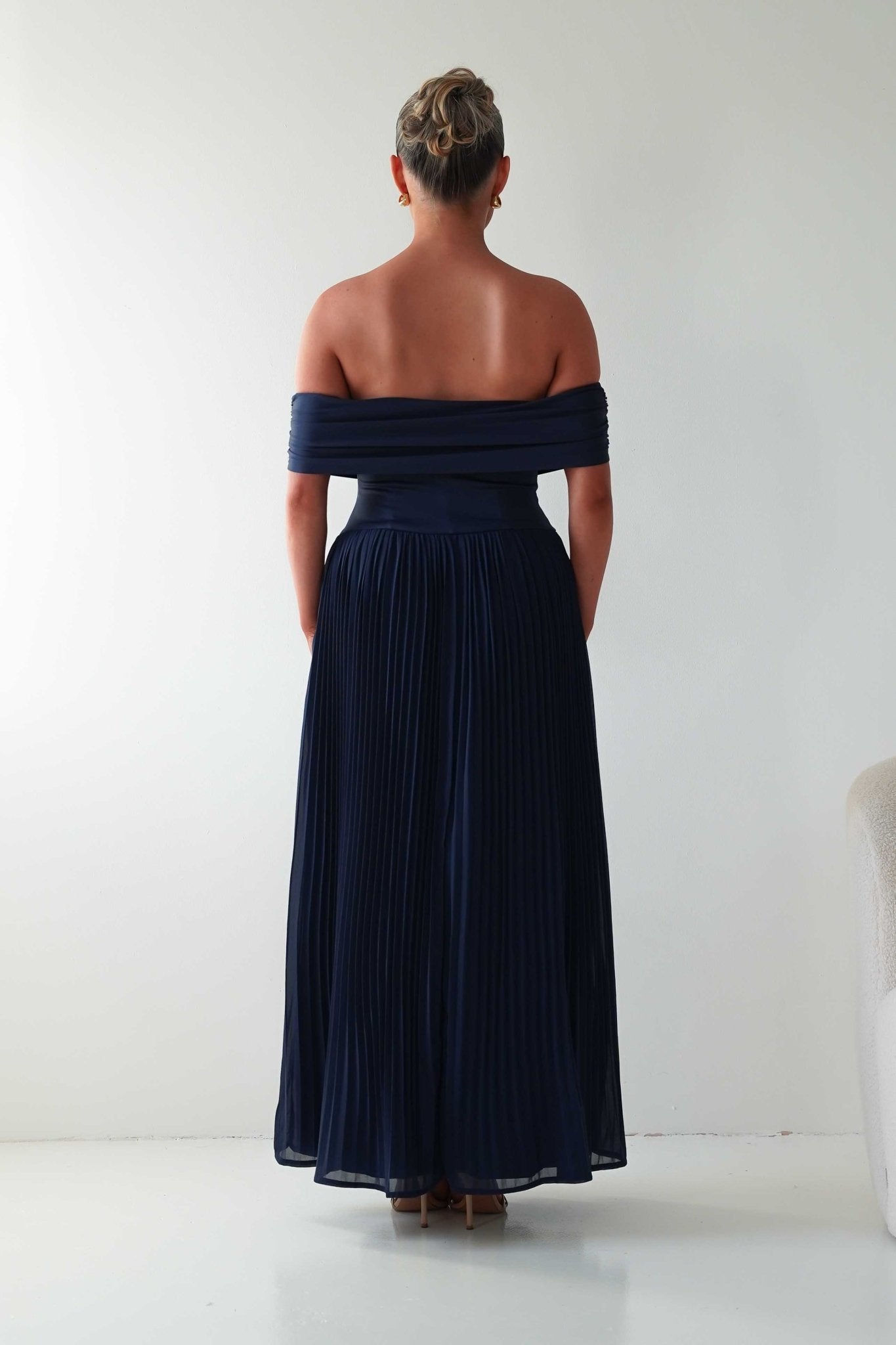 Oh Hello Clothing Dresses Whitney Pleated Off The Shoulder Maxi Dress | Navy
