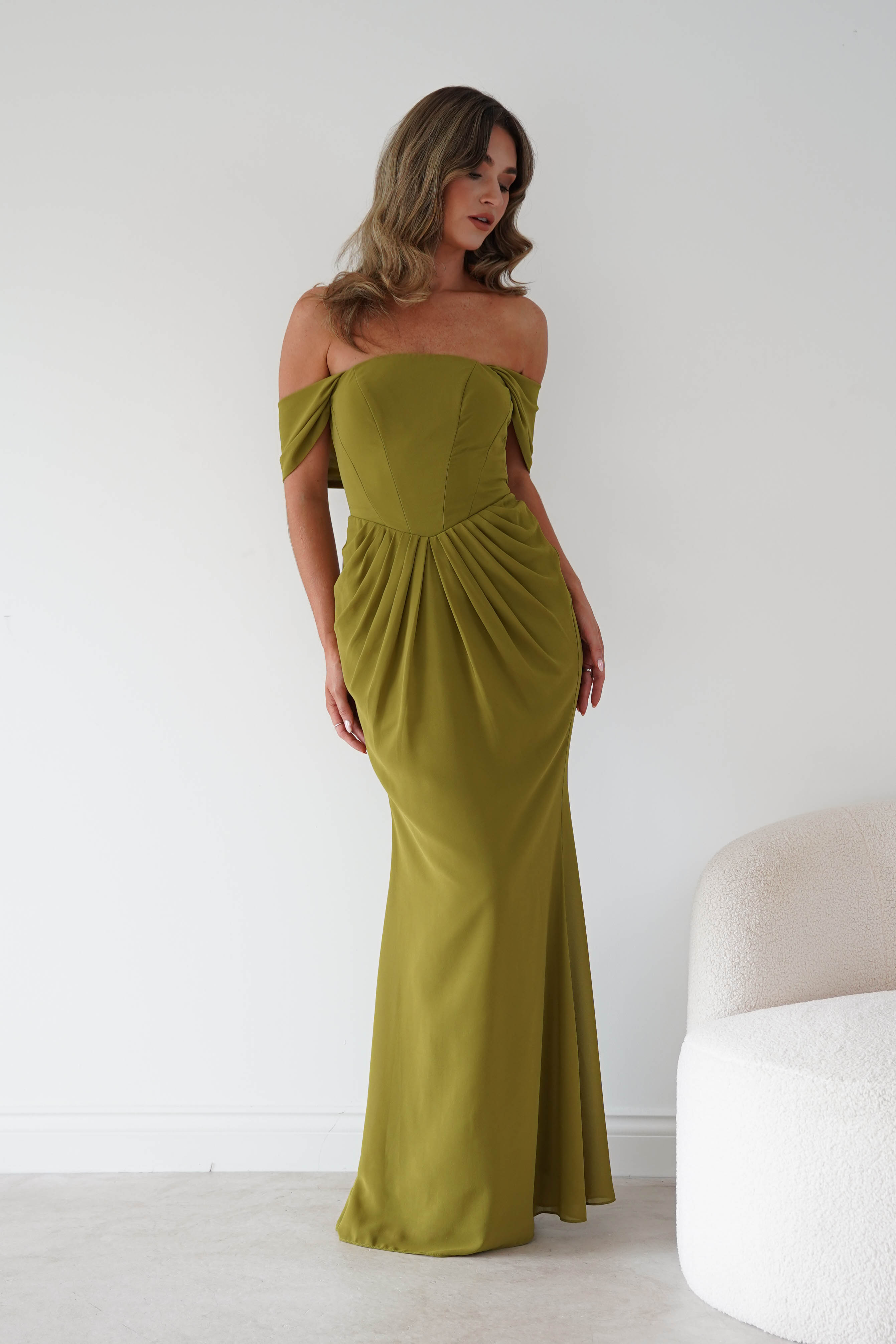 Oh Hello Clothing Women > Clothing > Dresses Willow Bardot Draped Maxi Dress | Chartreuse Green