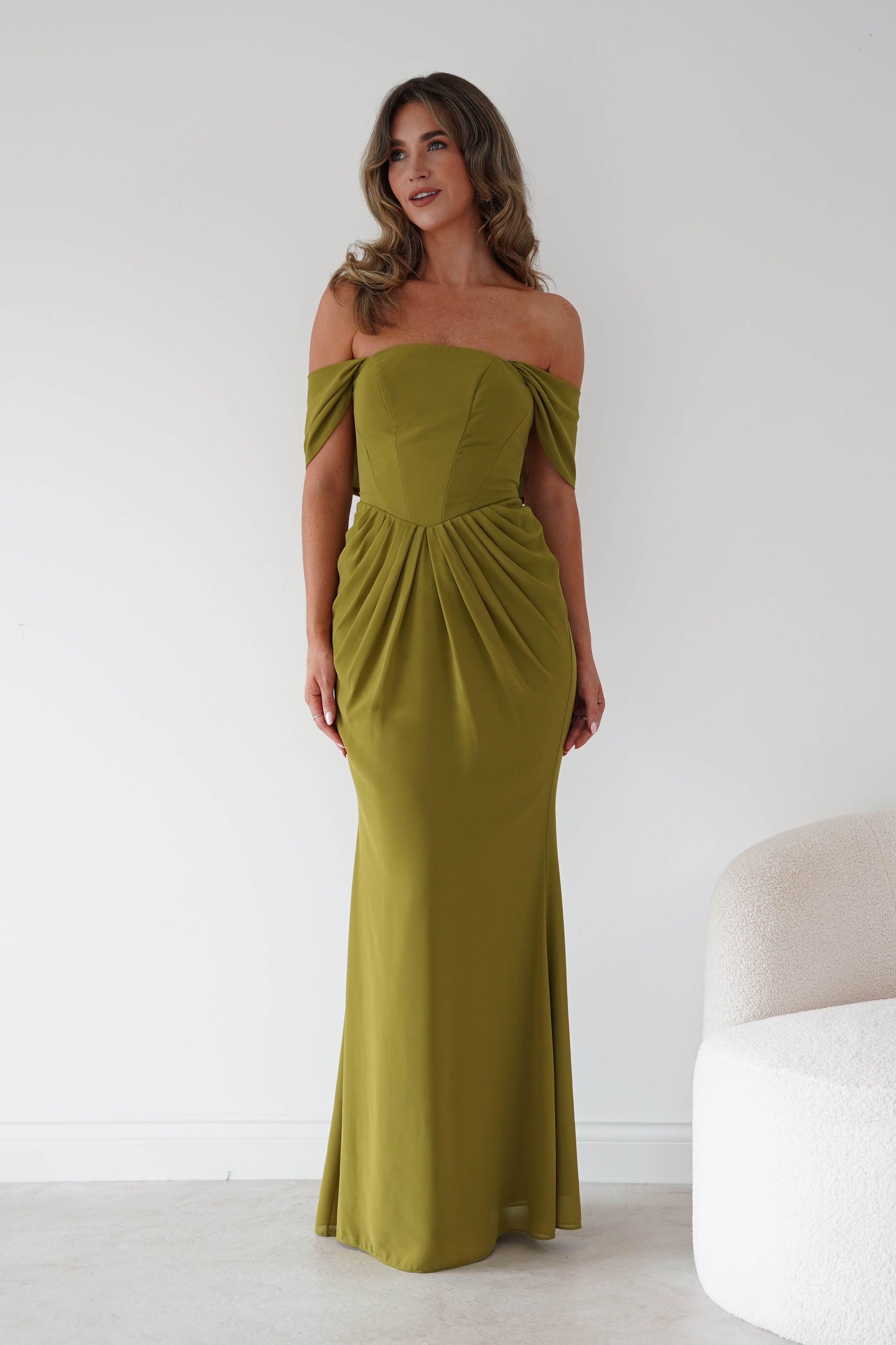Oh Hello Clothing Women > Clothing > Dresses Willow Bardot Draped Maxi Dress | Chartreuse Green