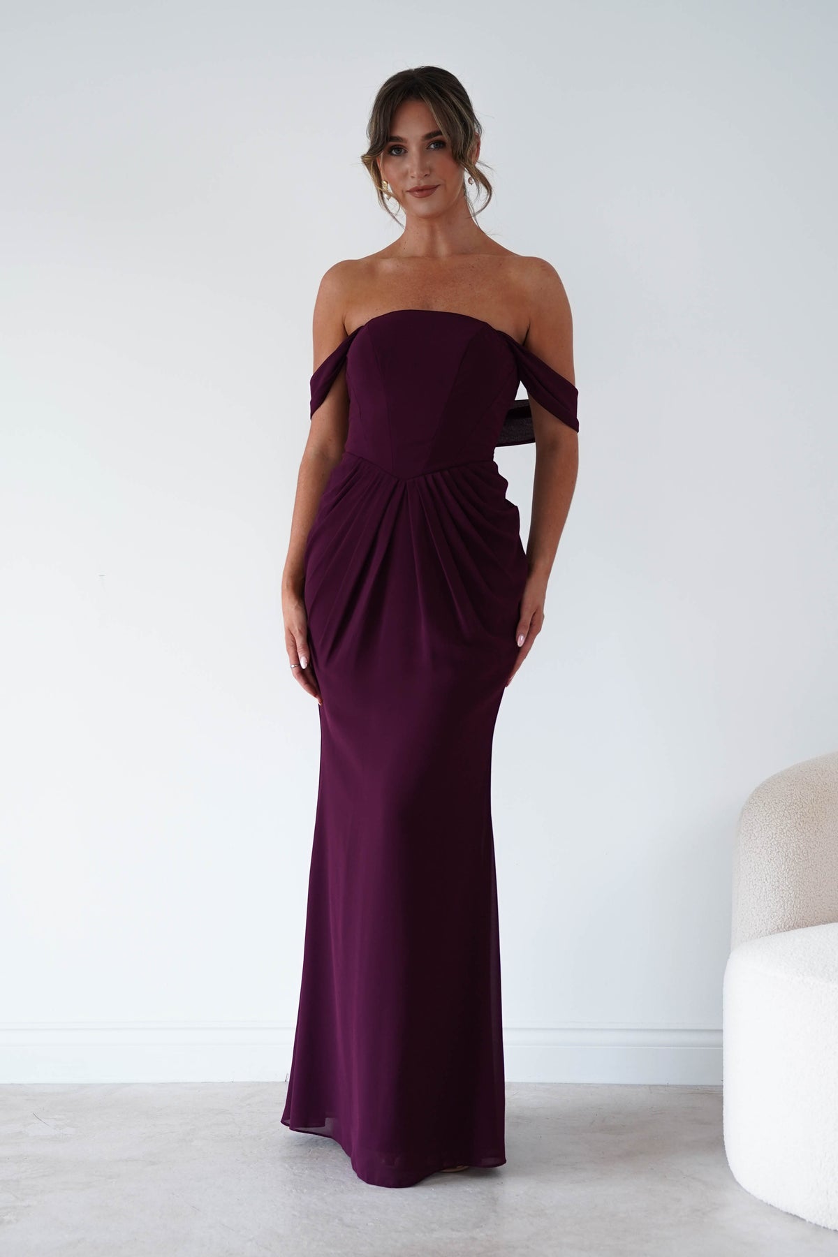 Oh Hello Clothing Women > Clothing > Dresses Willow Bardot Draped Maxi Dress | Wine
