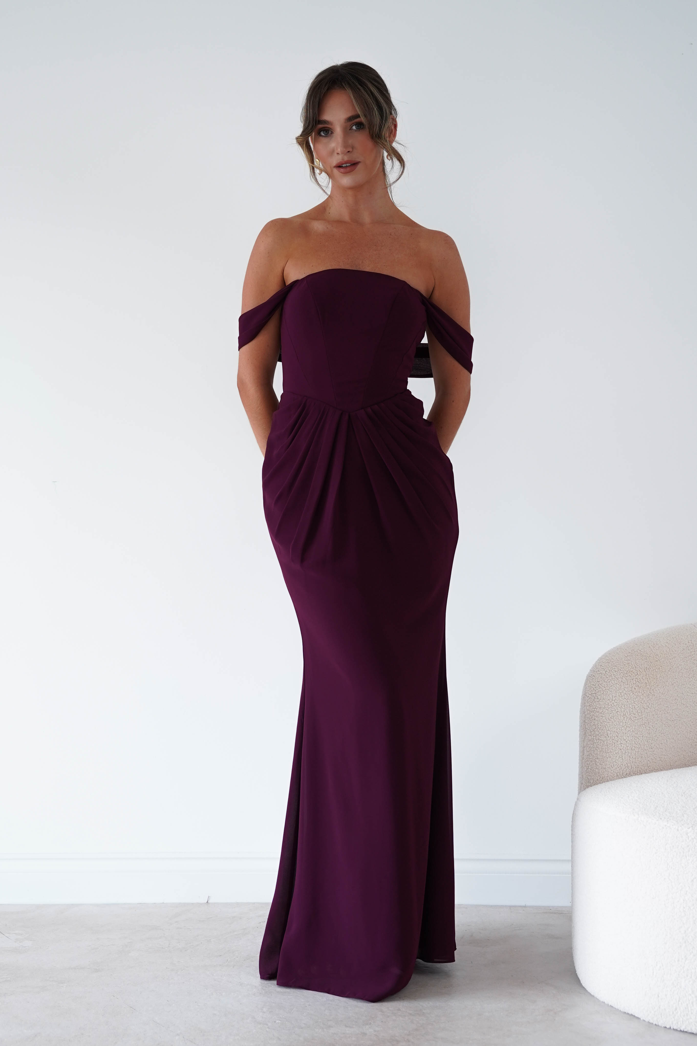 Oh Hello Clothing Women > Clothing > Dresses Willow Bardot Draped Maxi Dress | Wine
