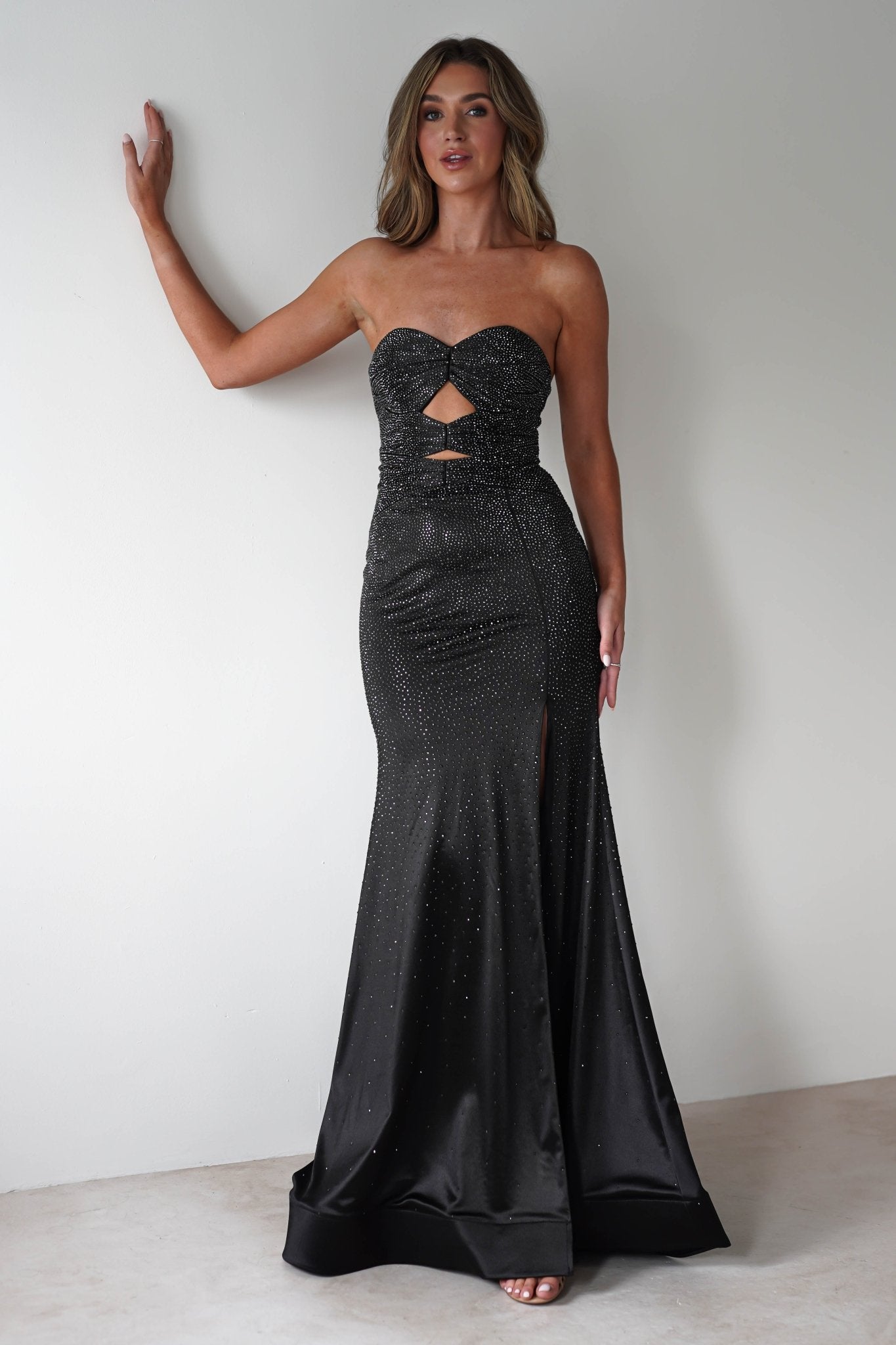Zohra Cut Out Strapless Rhinestone Gown | Black | Debs & Prom | Formal Gown | Oh Hello Clothing