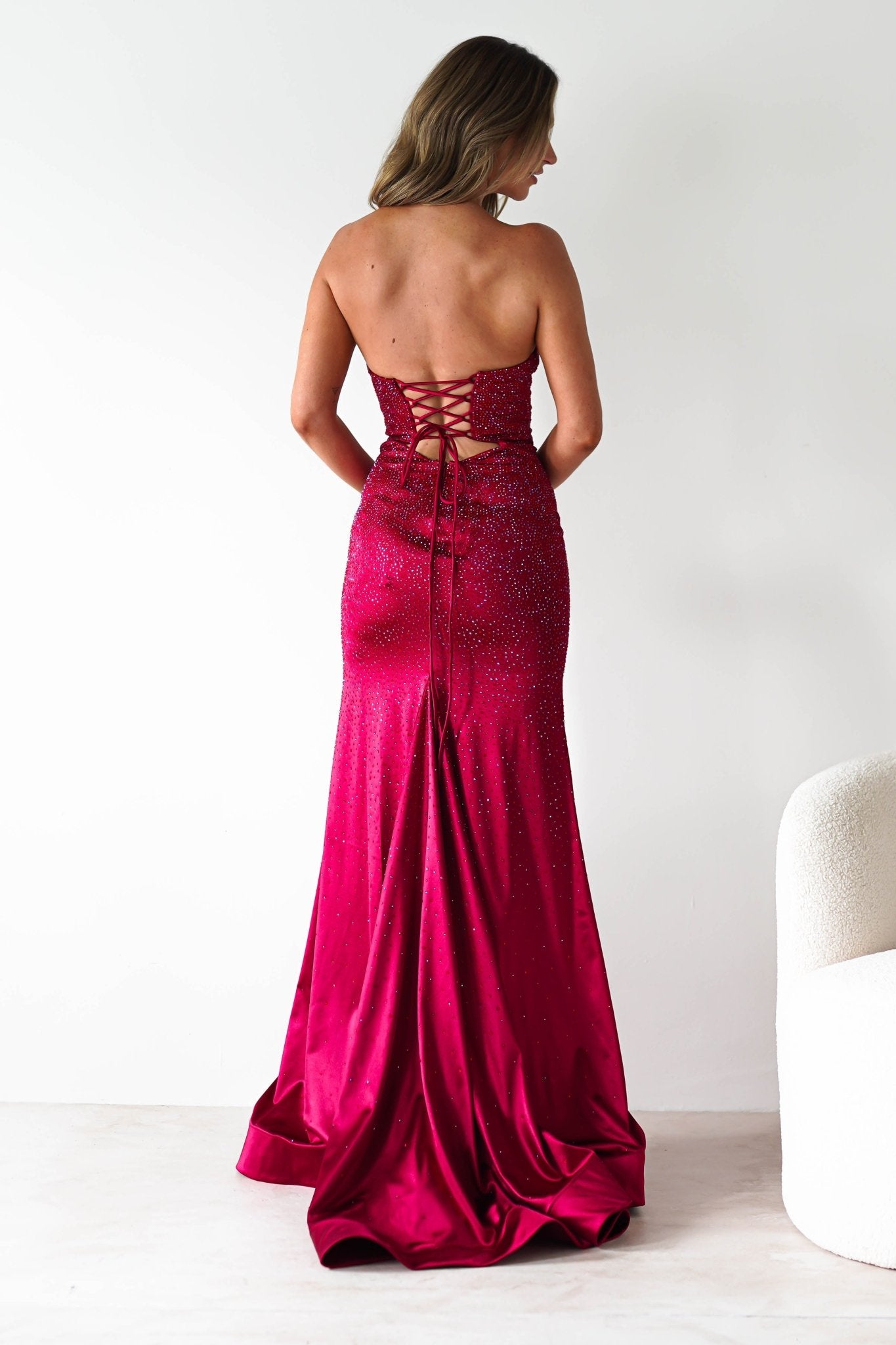 Zohra Cut Out Strapless Rhinestone Gown | Dark Red | Debs & Prom | Formal Gown | Oh Hello Clothing