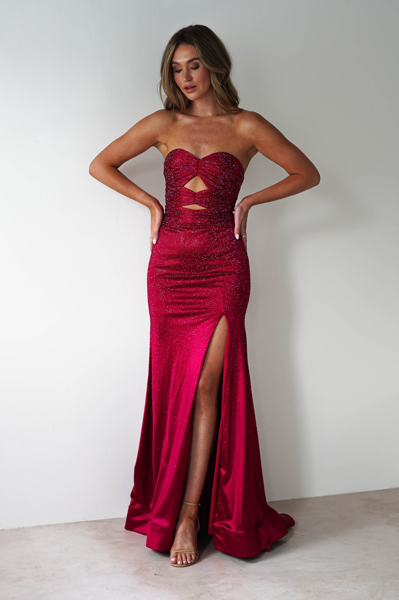 Zohra Cut Out Strapless Rhinestone Gown | Dark Red | Debs & Prom | Formal Gown | Oh Hello Clothing