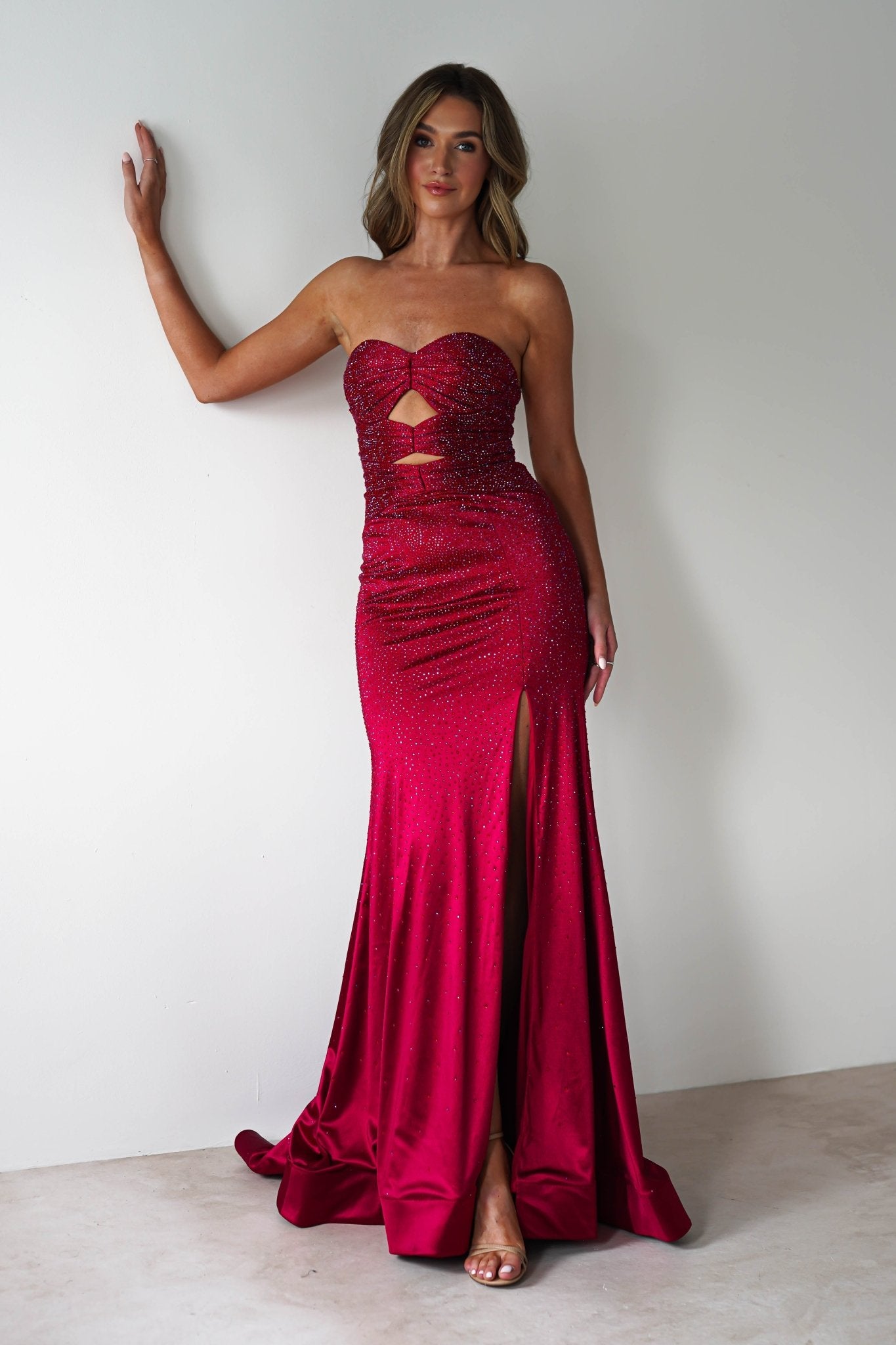 Zohra Cut Out Strapless Rhinestone Gown | Dark Red | Debs & Prom | Formal Gown | Oh Hello Clothing
