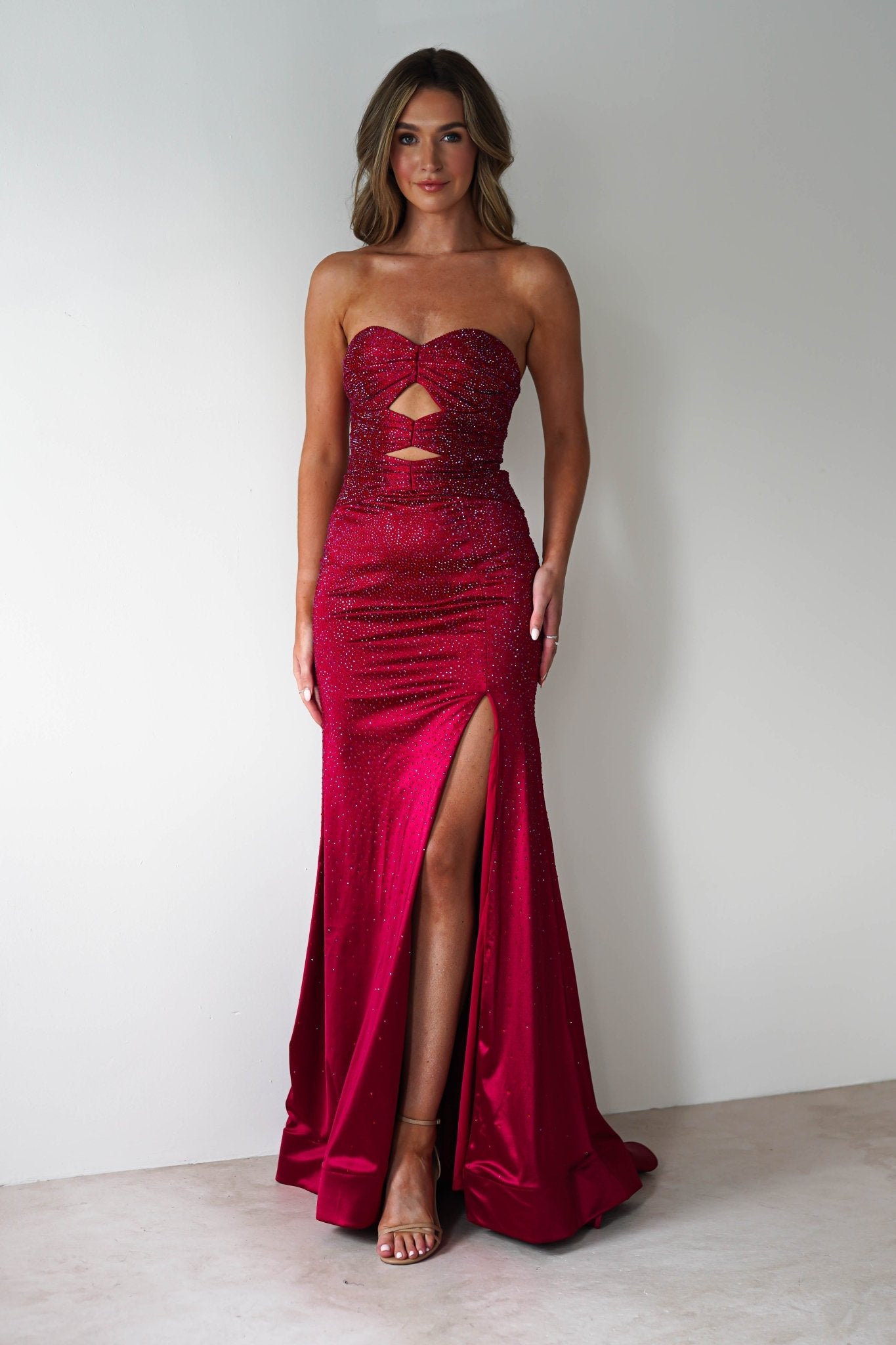 Zohra Cut Out Strapless Rhinestone Gown | Dark Red | Debs & Prom | Formal Gown | Oh Hello Clothing
