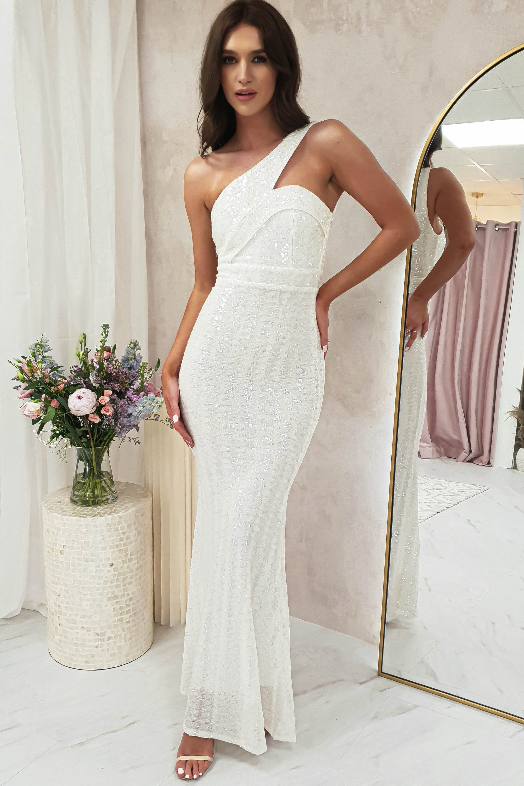 Chastine Sequin Gown | White | Graduation | Bride To Be Hen Dress | Oh Hello Clothing
