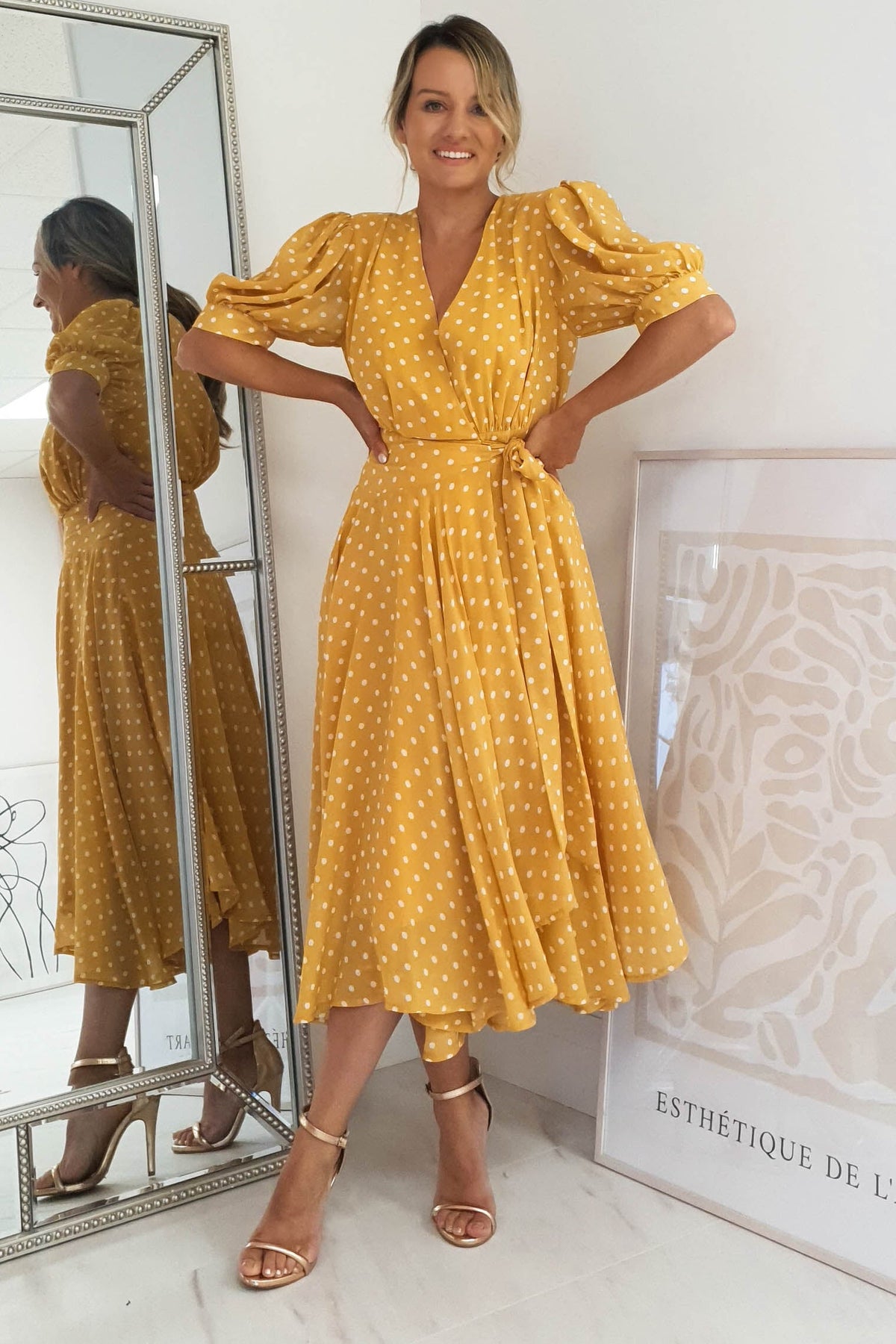 Andrea Polka Dot Midi Dress | Mustard-Oh Hello Clothing