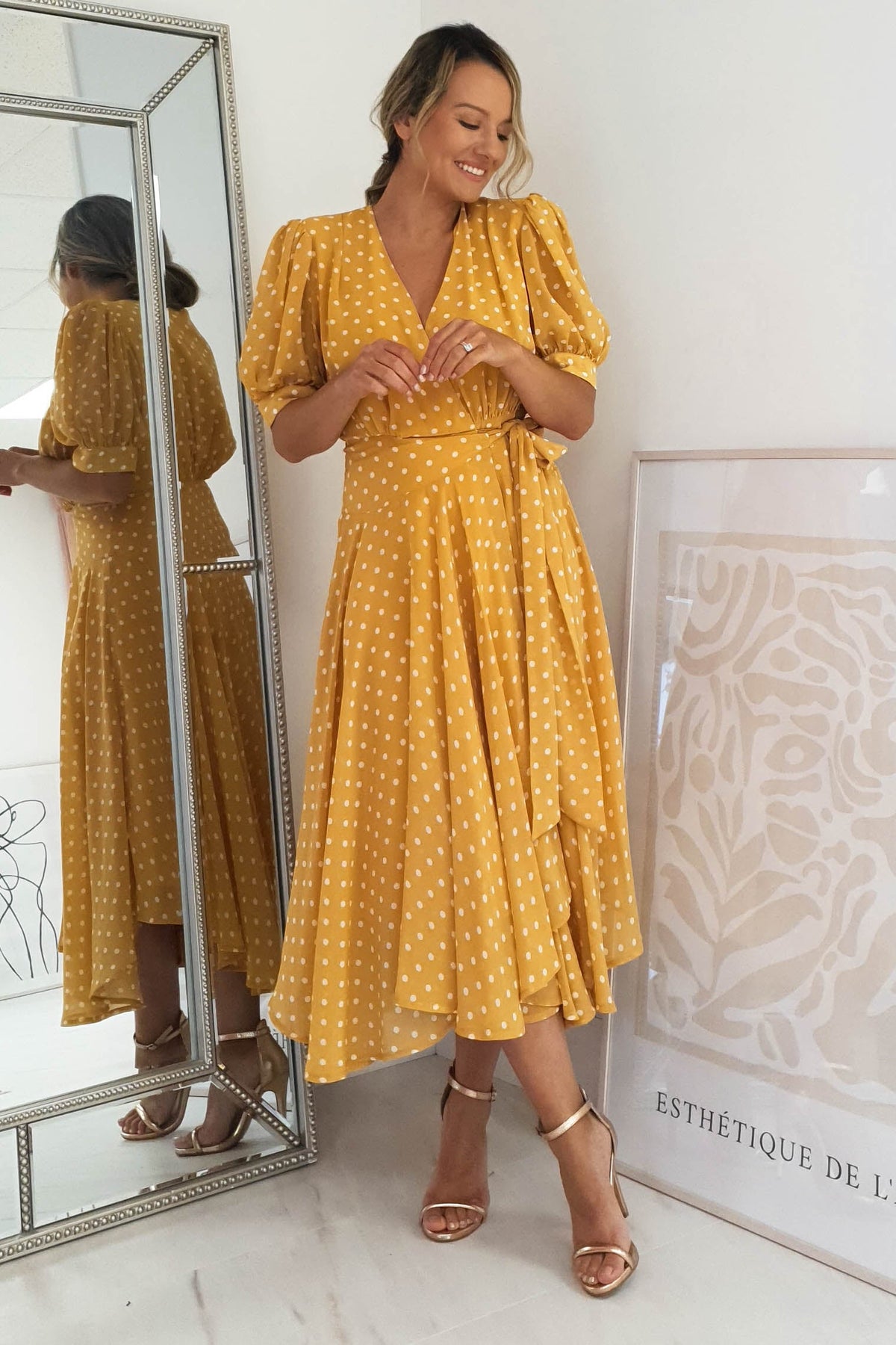 Andrea Polka Dot Midi Dress | Mustard-Oh Hello Clothing