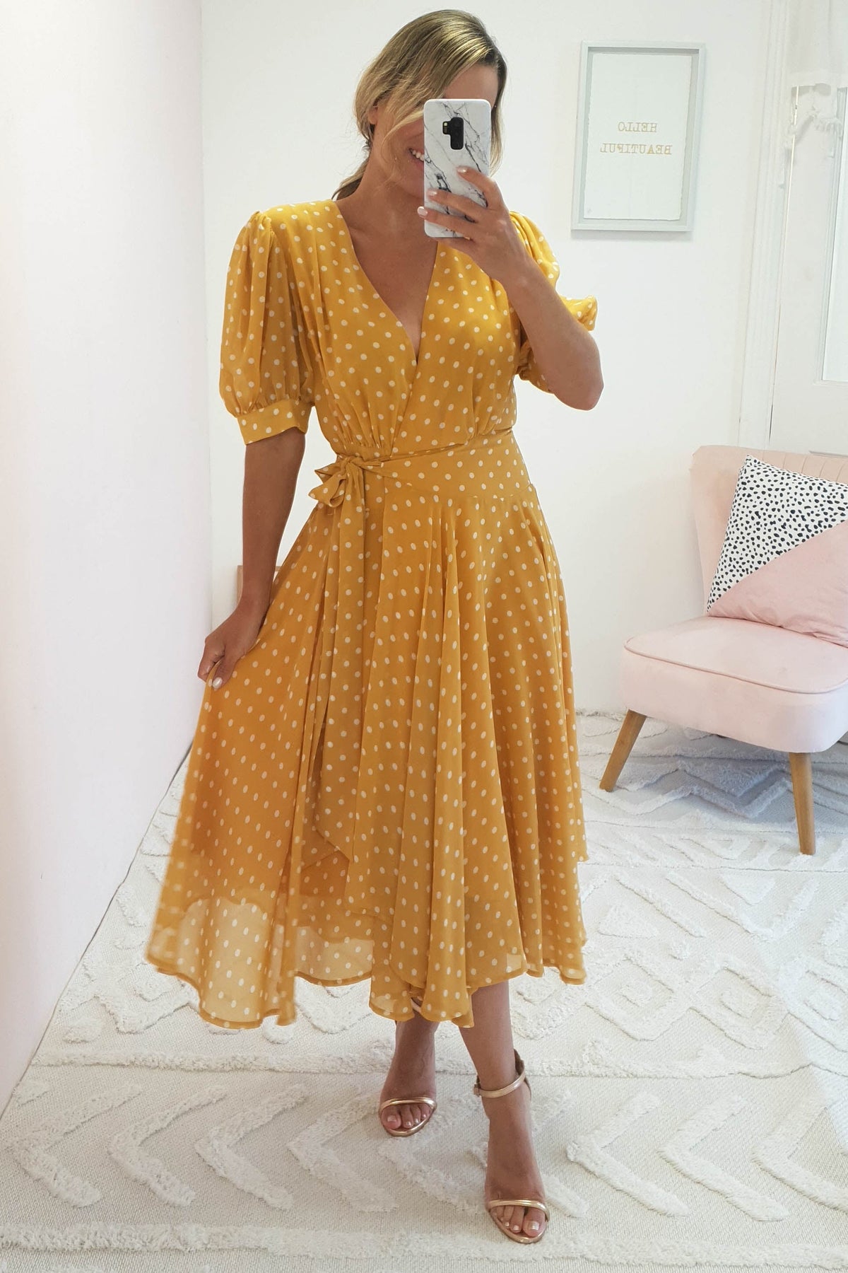 Andrea Polka Dot Midi Dress | Mustard-Oh Hello Clothing